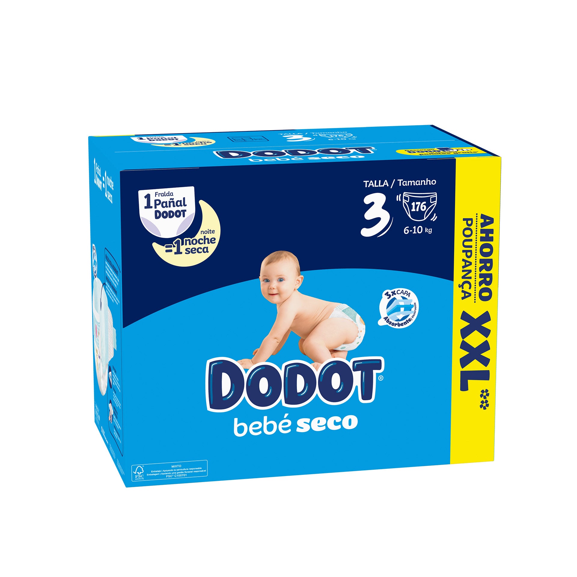 Dodot Bebé Seco Fraldas Box XXL T3 (6-10 kg) 176 un
