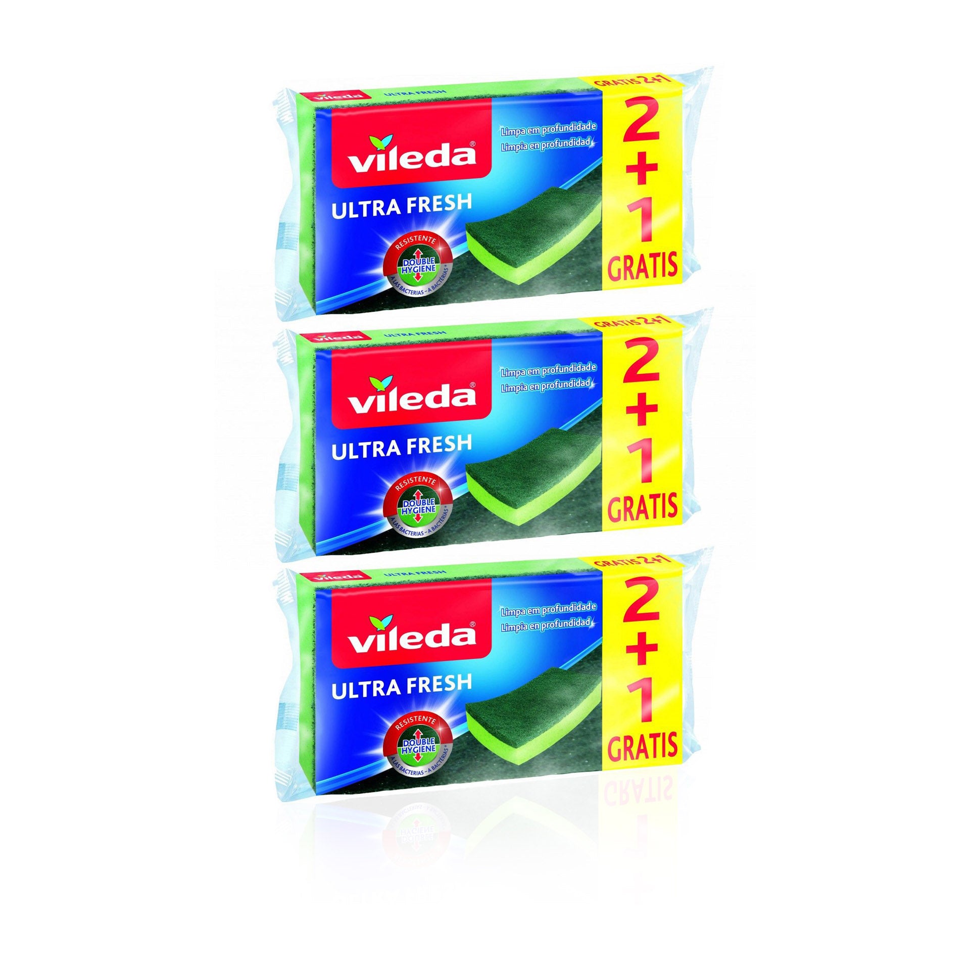 Vileda Ultra Fresh Esfregão Fibra com Esponja Antibactérias 2 + 1  - Pack 3 x (2+1) un