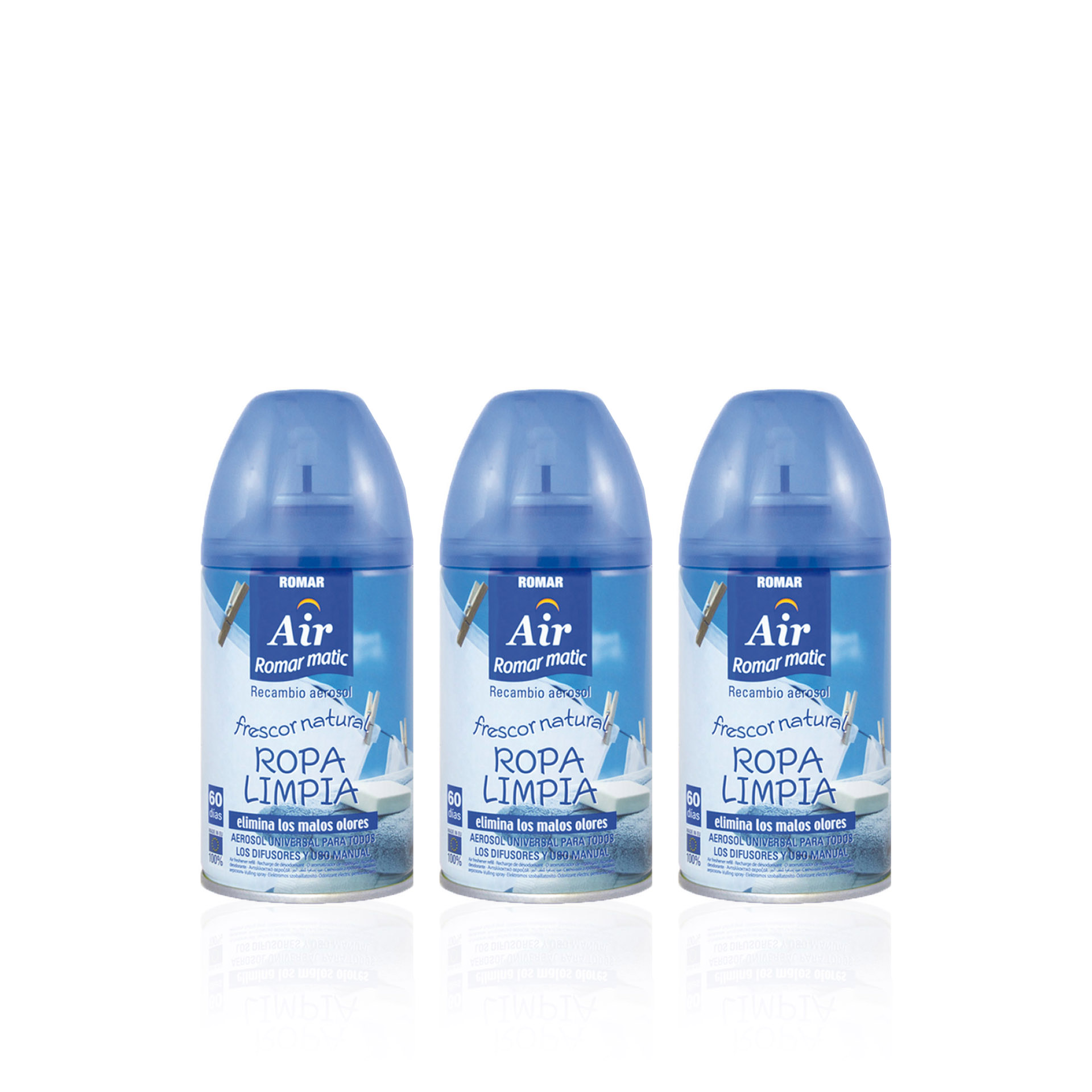 Romar Ambientador Spray Recarga Roupa Limpa 250 ml - Pack 3 x 250 ml