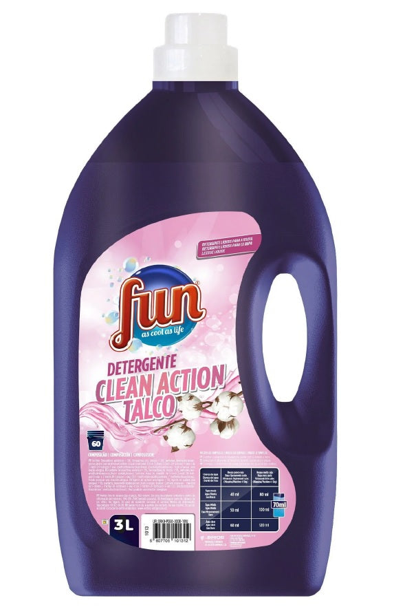 Fun Clean Action Detergente Líquido Máquina Roupa Talco 60 Doses 3 L