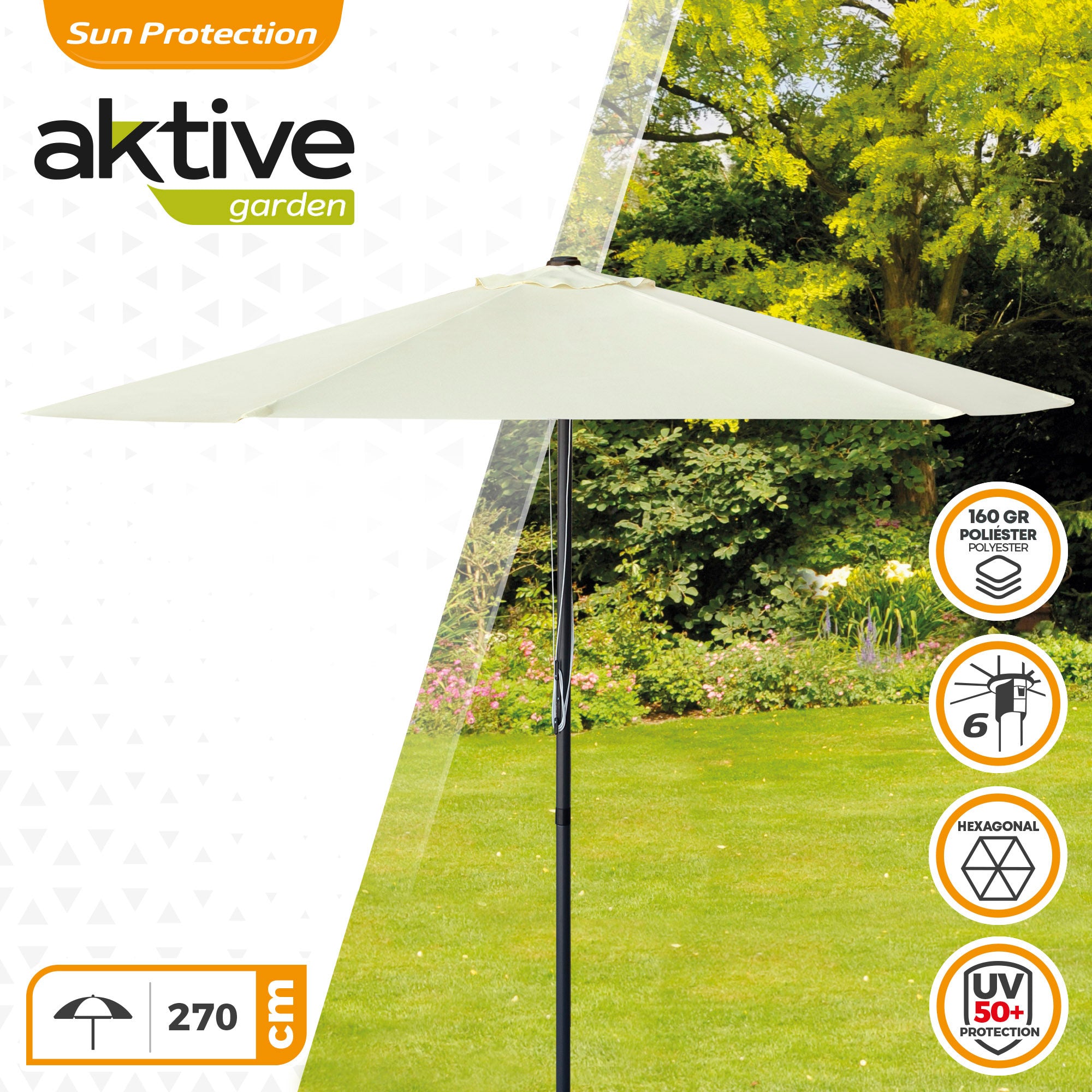Aktive Guarda-Sol de Jardim Hexagonal Ø270 cm com Sistema de Polia Dupla