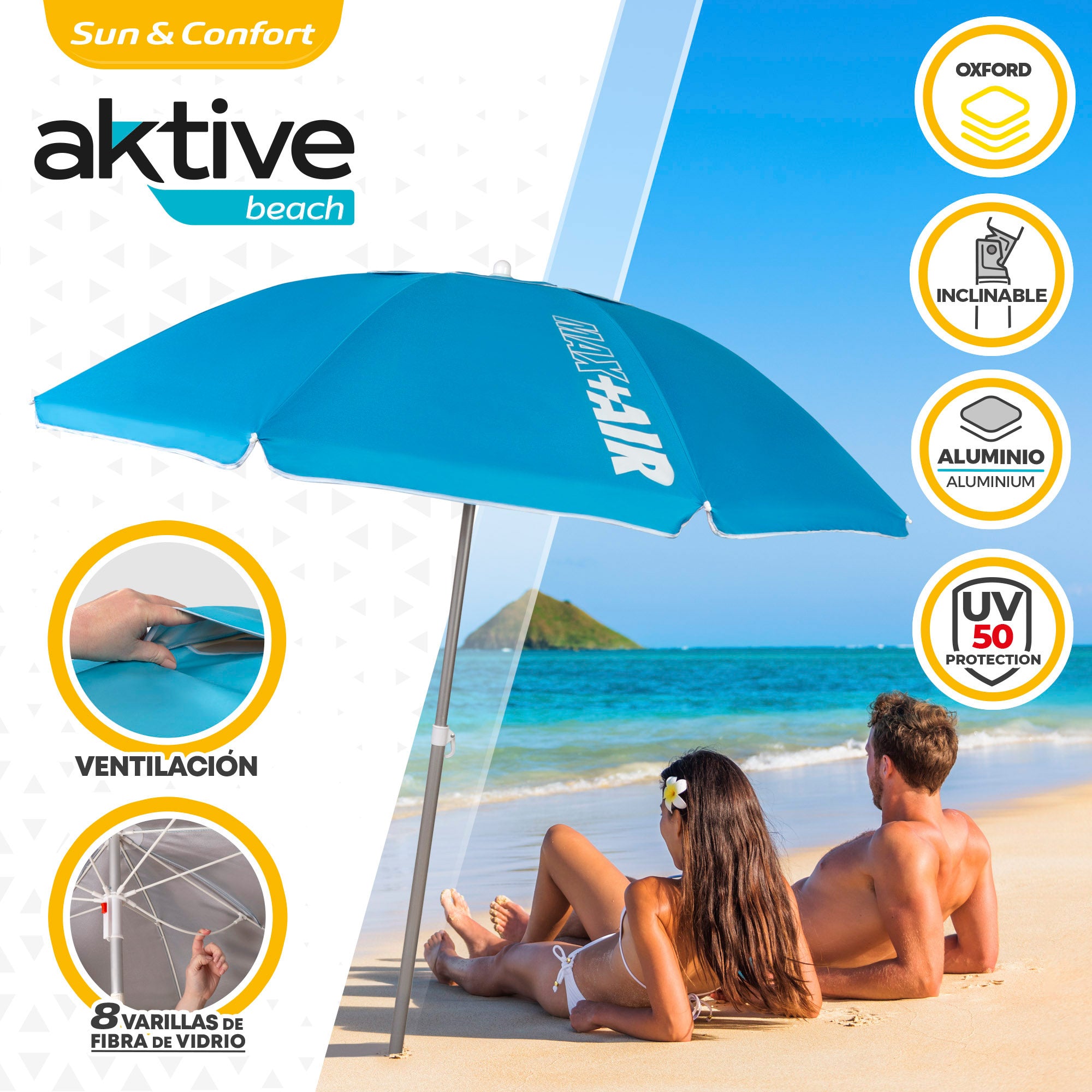 Aktive Guarda-Sol de Praia Anti-Vento 8 Varetas 200 cm Azul