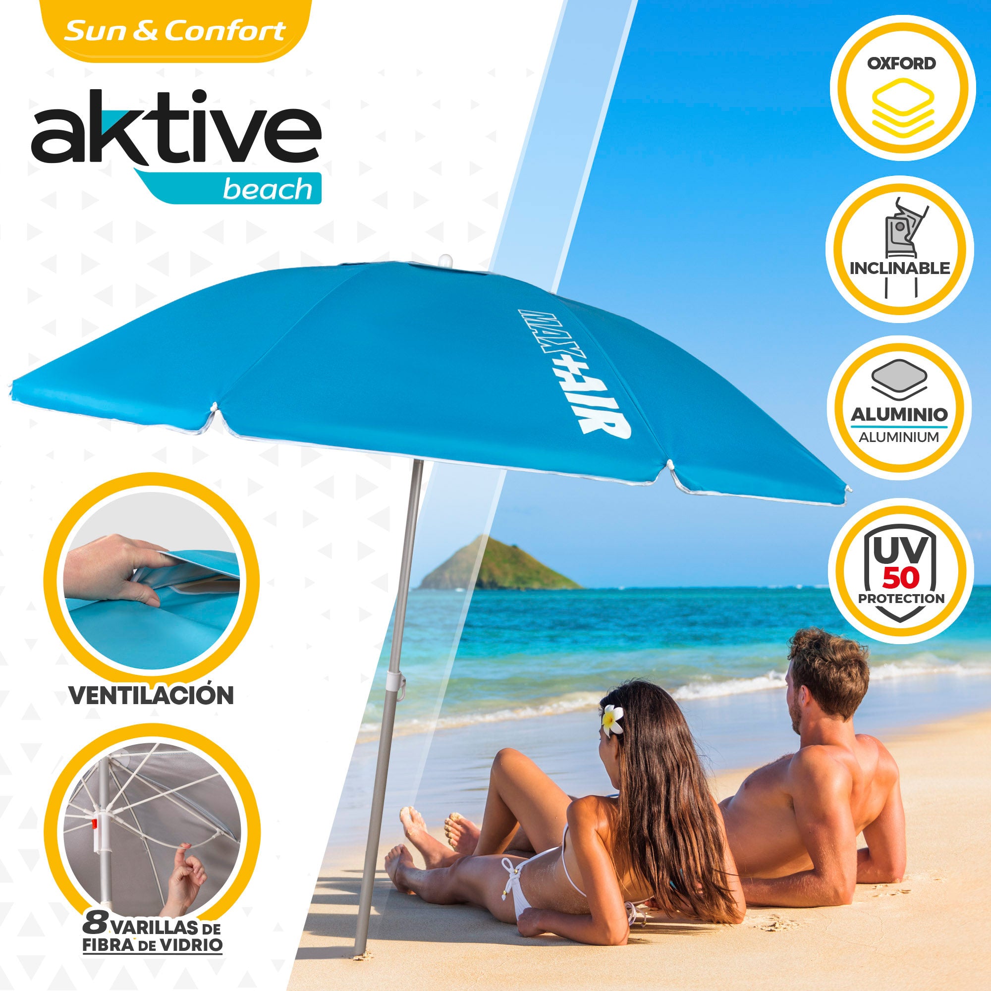 Aktive Guarda-Sol de Praia Anti-Vento 8 Varetas 220 cm Azul
