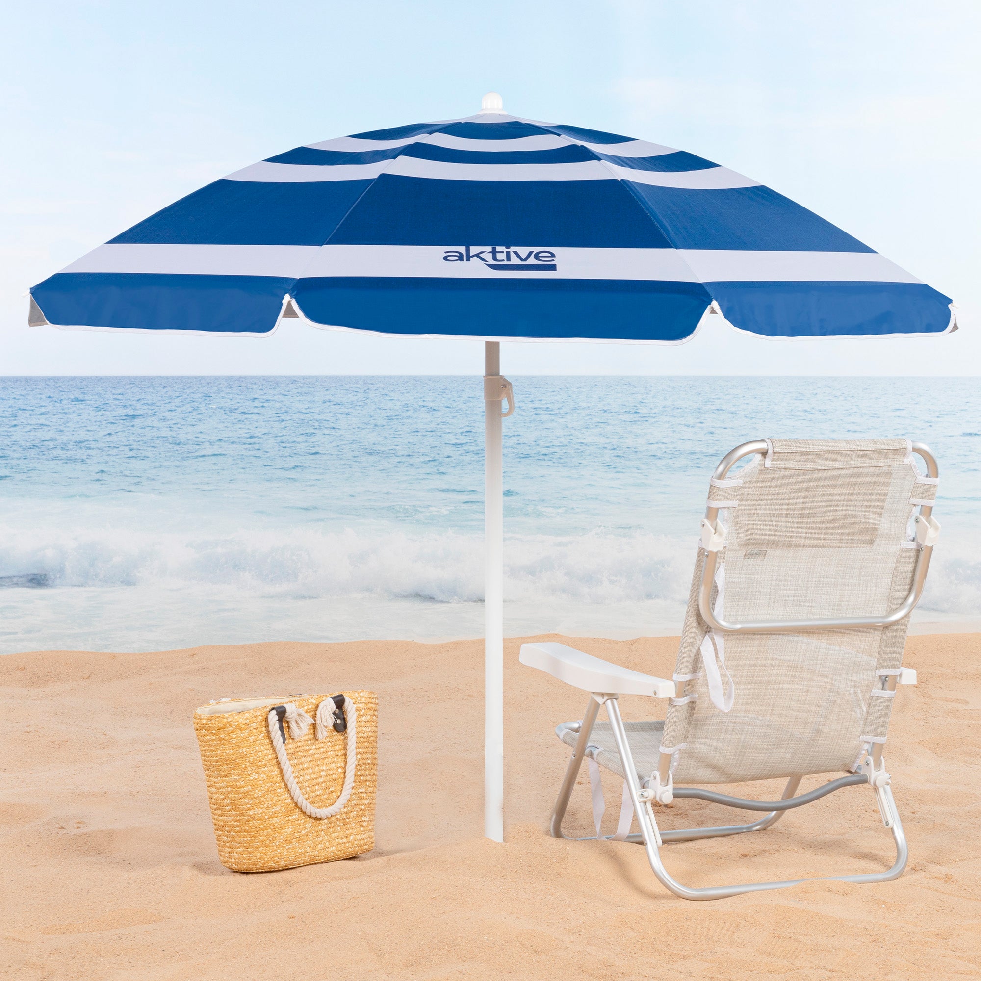 Aktive Guarda-Sol de Praia 8 Varetas180 cm Riscas Azuis