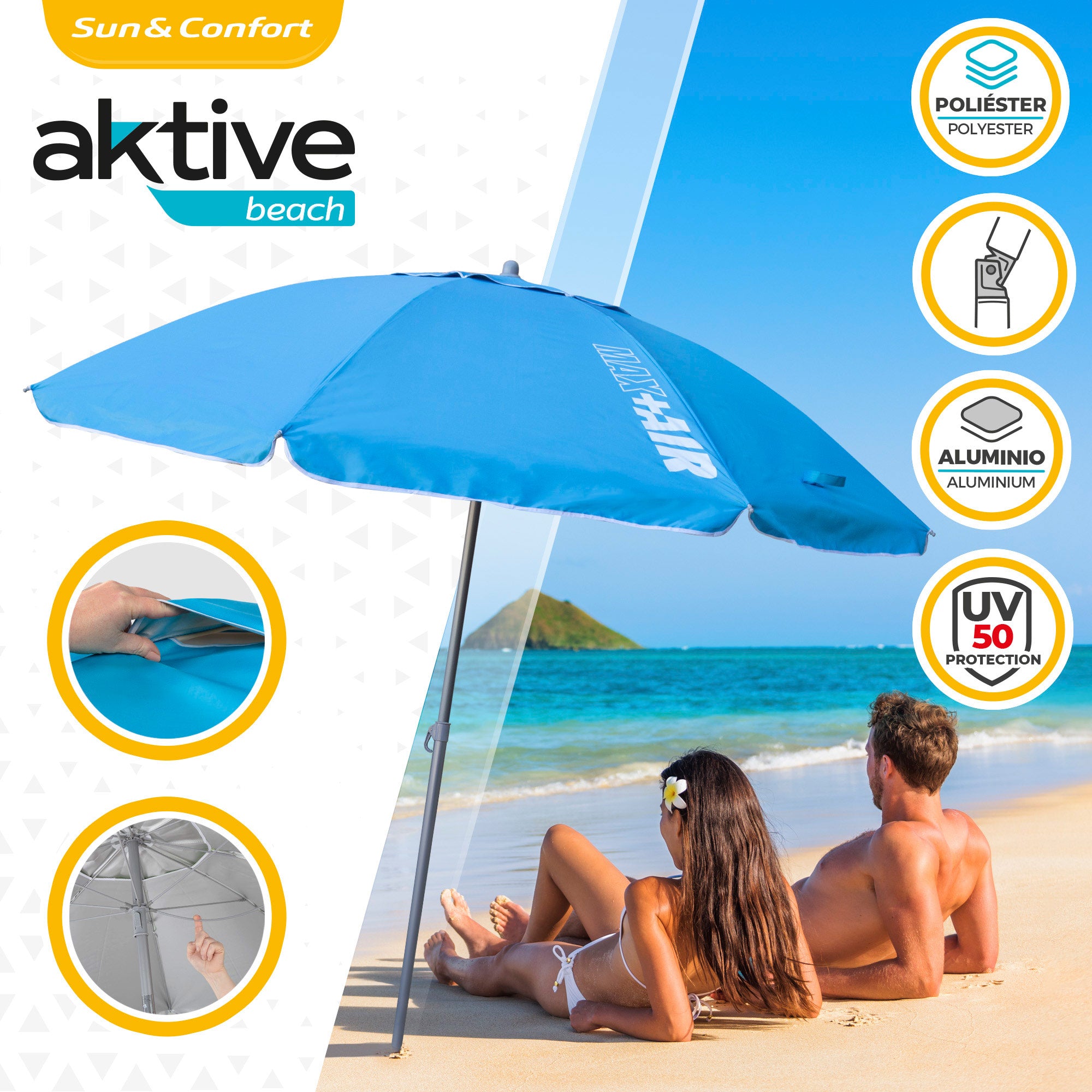 Aktive Guarda-Sol de Praia Anti-Vento 8 Varetas 220 cm Azul