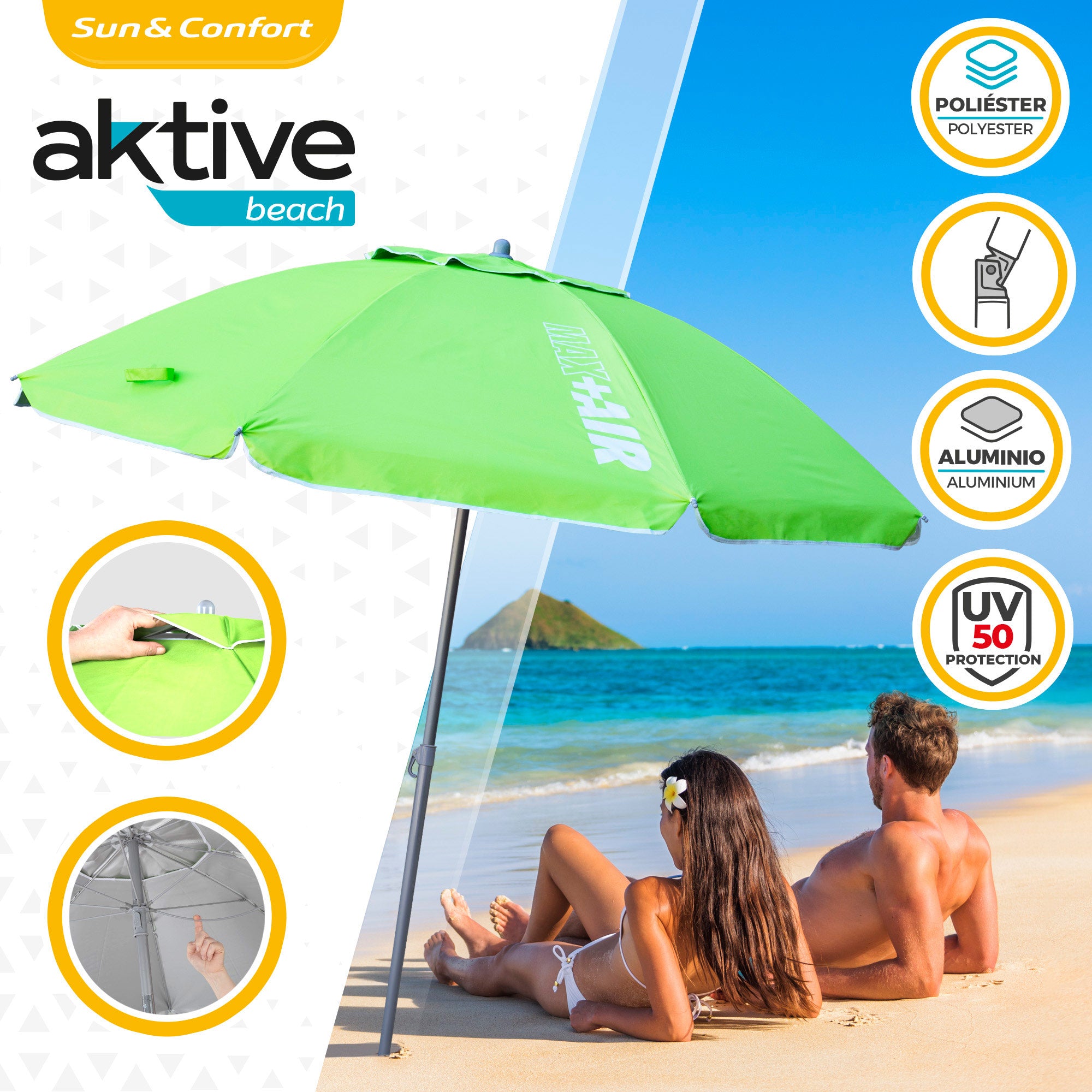 Aktive Guarda-Sol de Praia Anti-Vento 8 Varetas 200 cm Verde