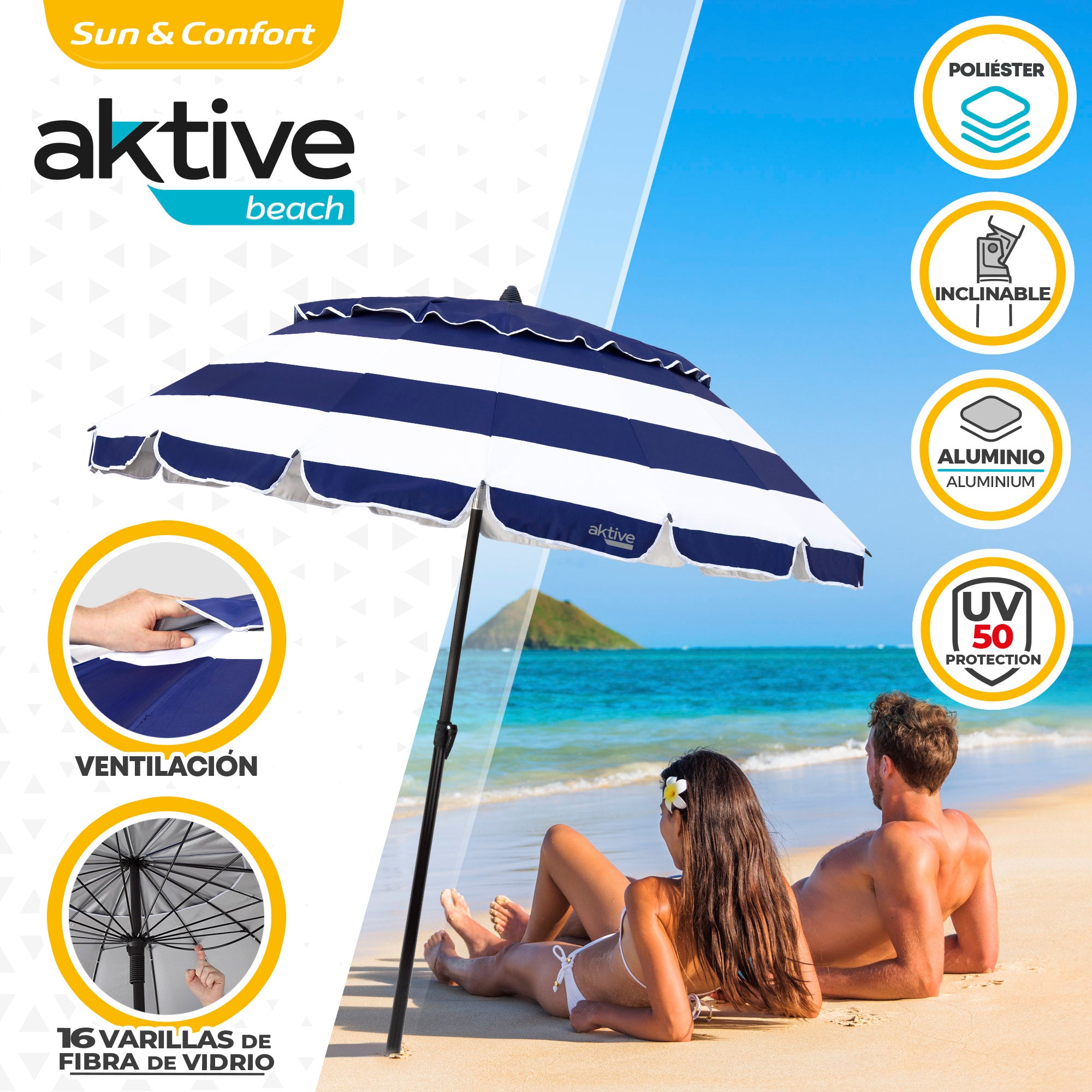 Aktive Guarda-Sol de Praia Anti-Vento 16 Varetas 220 cm Marinho