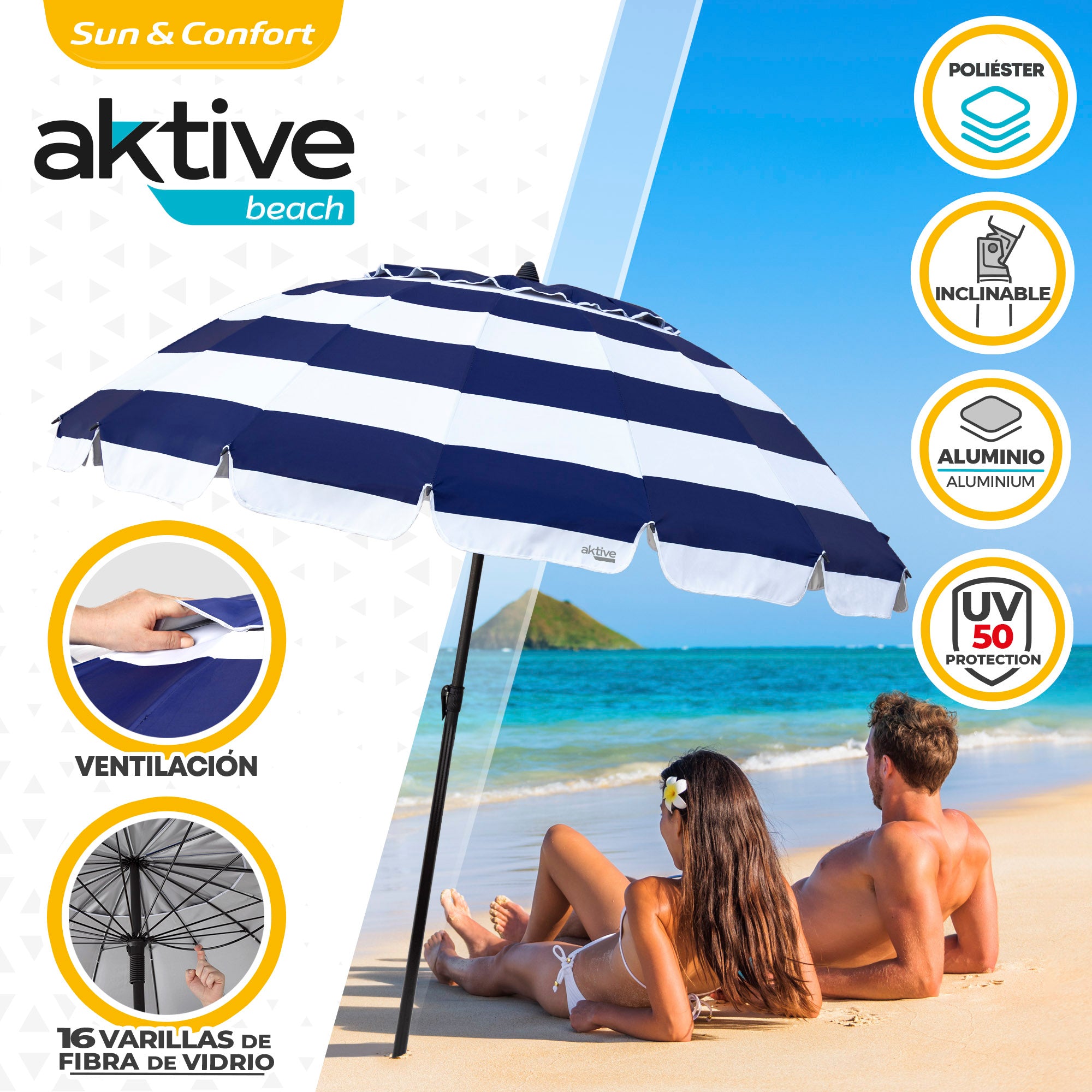 Aktive Guarda-Sol de Praia Anti-Vento 16 Varetas 240 cm Marinho