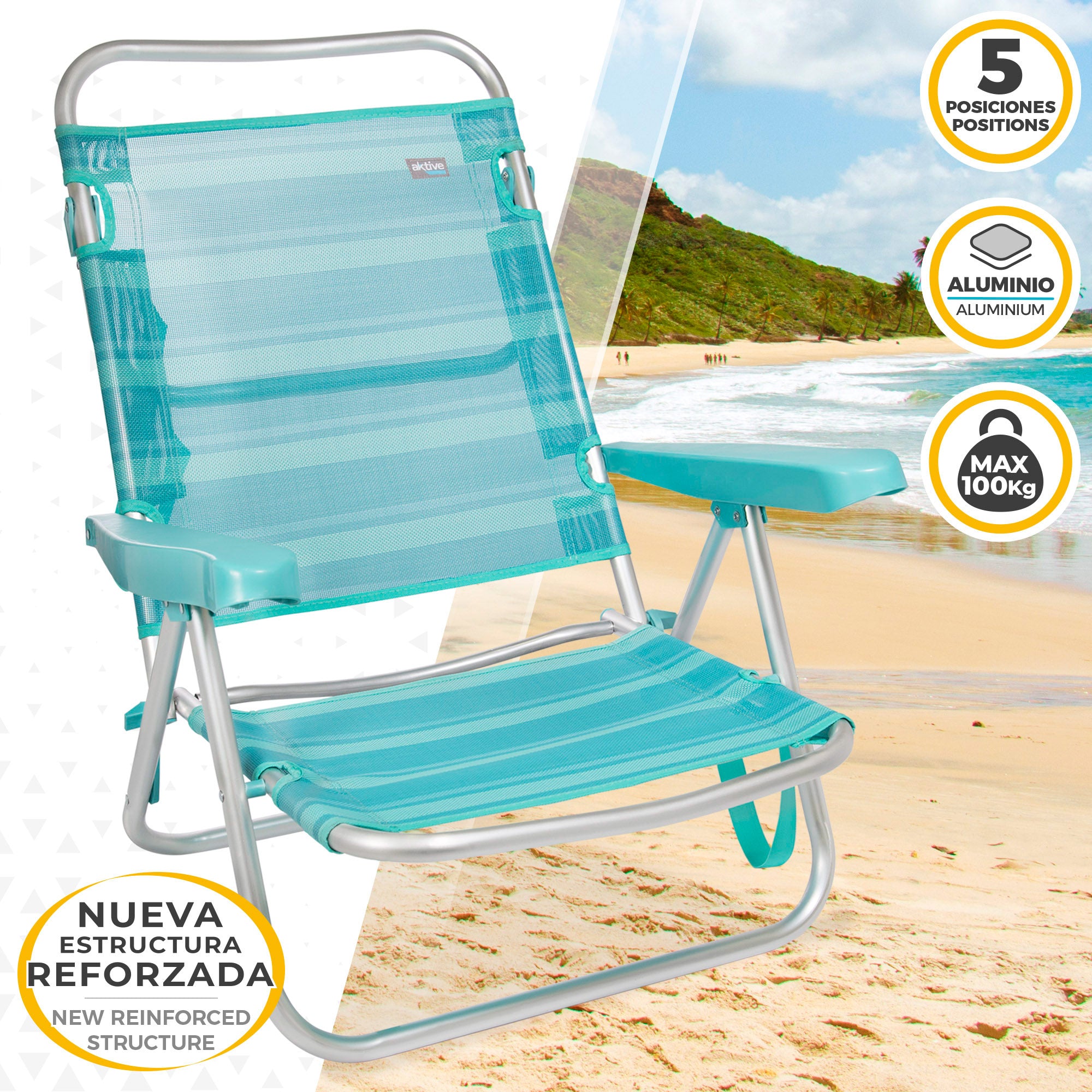 Aktive Pack 2 Cadeiras de Praia Mediterrânicas Multiposições com Pegas 47 x 48 x 80 cm