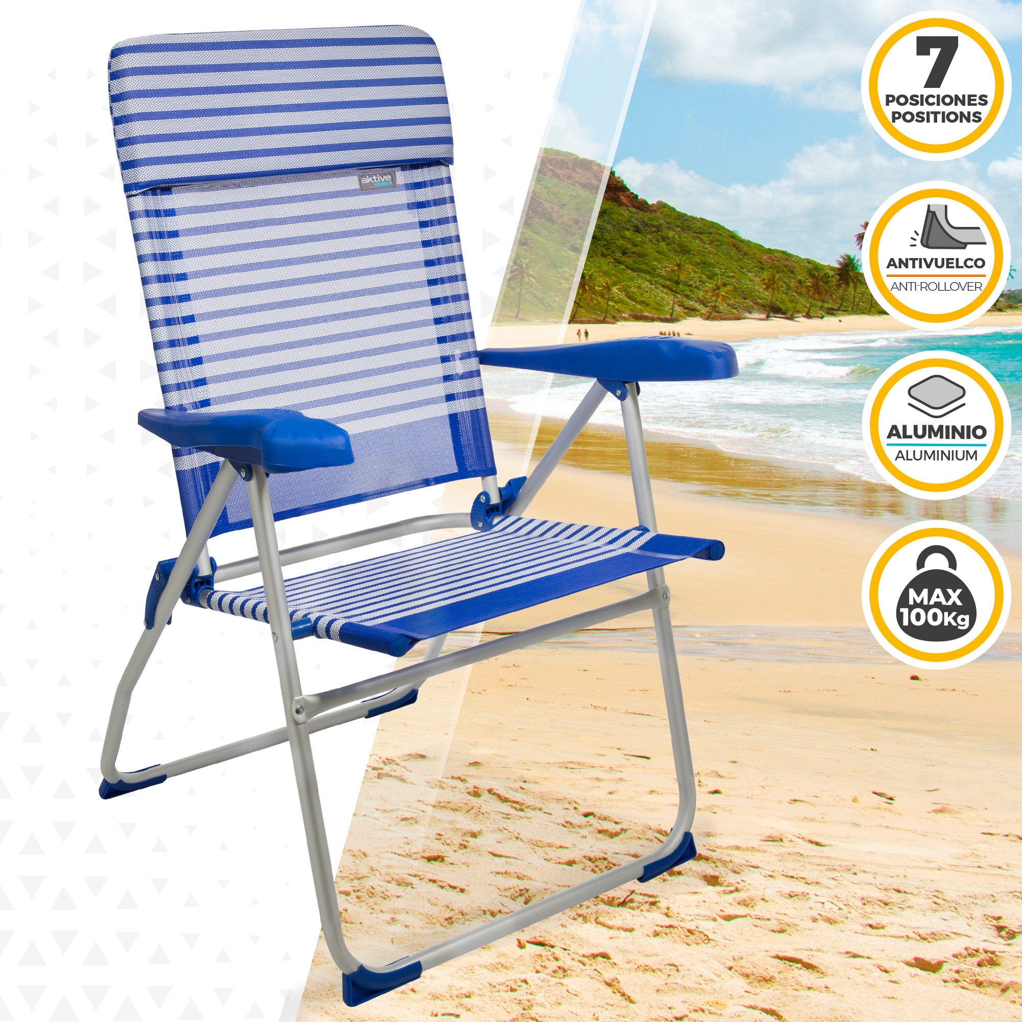Aktive Pack 2 Cadeiras de Praia Mediterrânicas Multiposições Sicilia com Almofada 48 x 62 x 101 cm