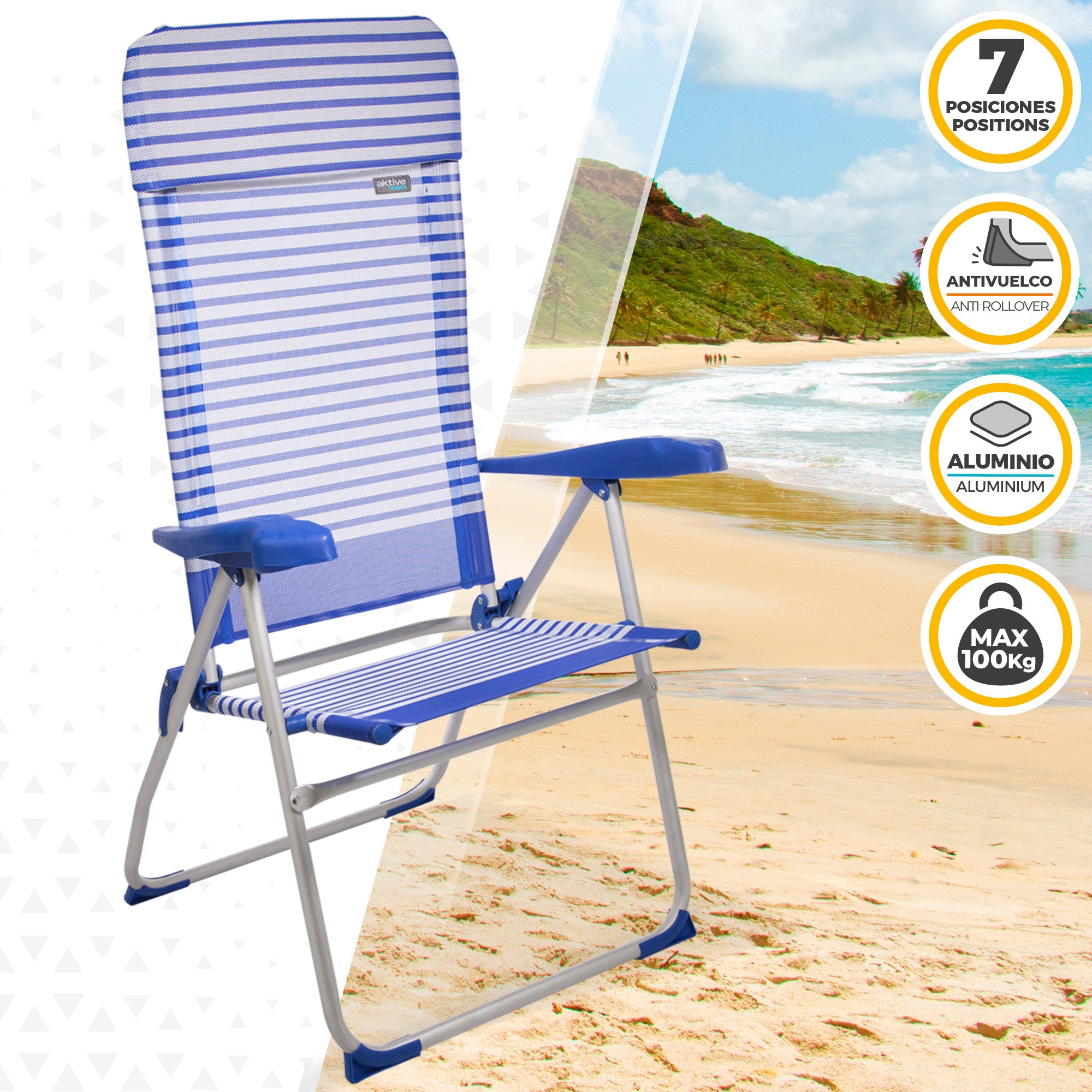 Aktive Pack 2 Cadeiras de Praia Mediterrânicas Multiposições Sicilia com Almofada 47 x 61 x 118 cm