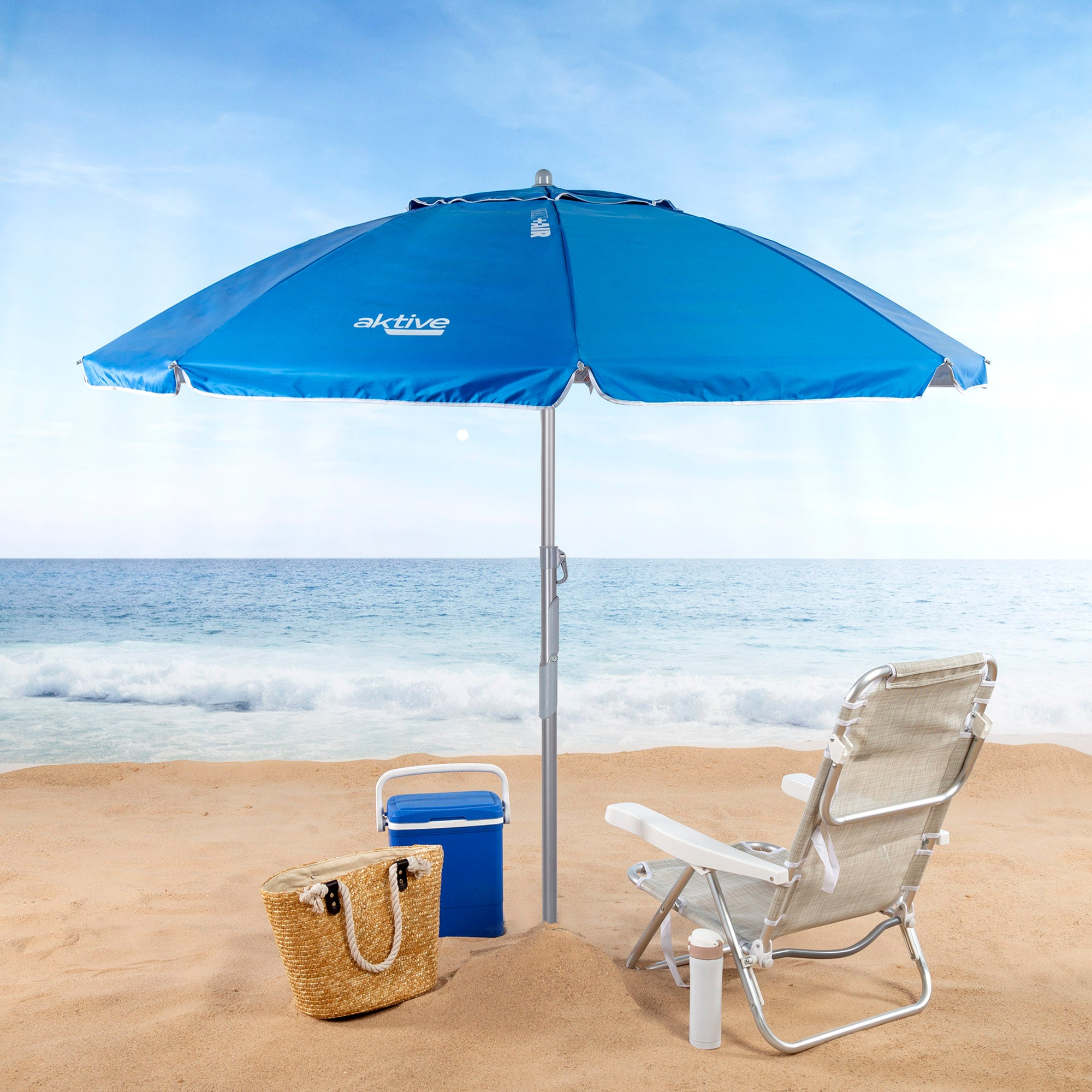 Aktive Guarda-Sol de Praia À Prova de Vento 8 Varas 200 cm Azul com Espiral de Fixação