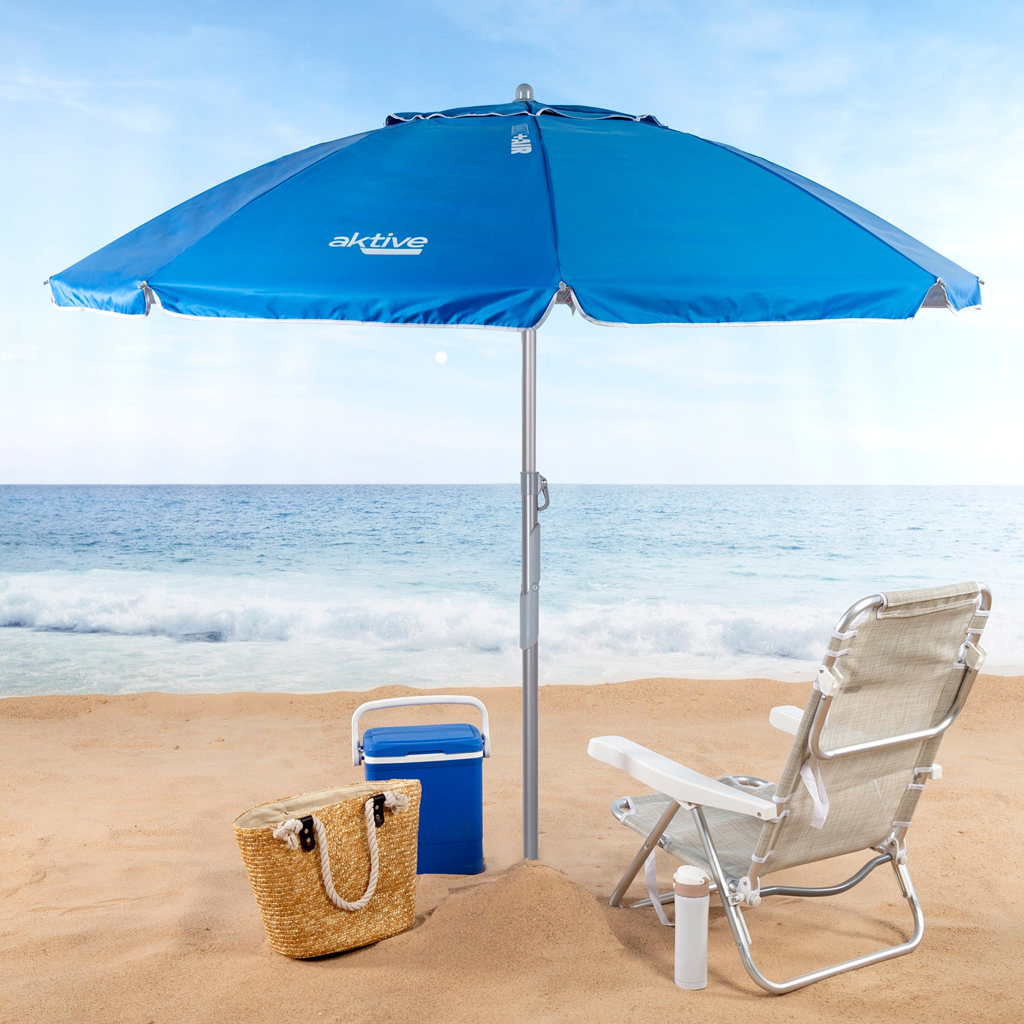 Aktive Guarda-Sol de Praia À Prova de Vento 8 Varas 220 cm Azul com Espiral de Fixação