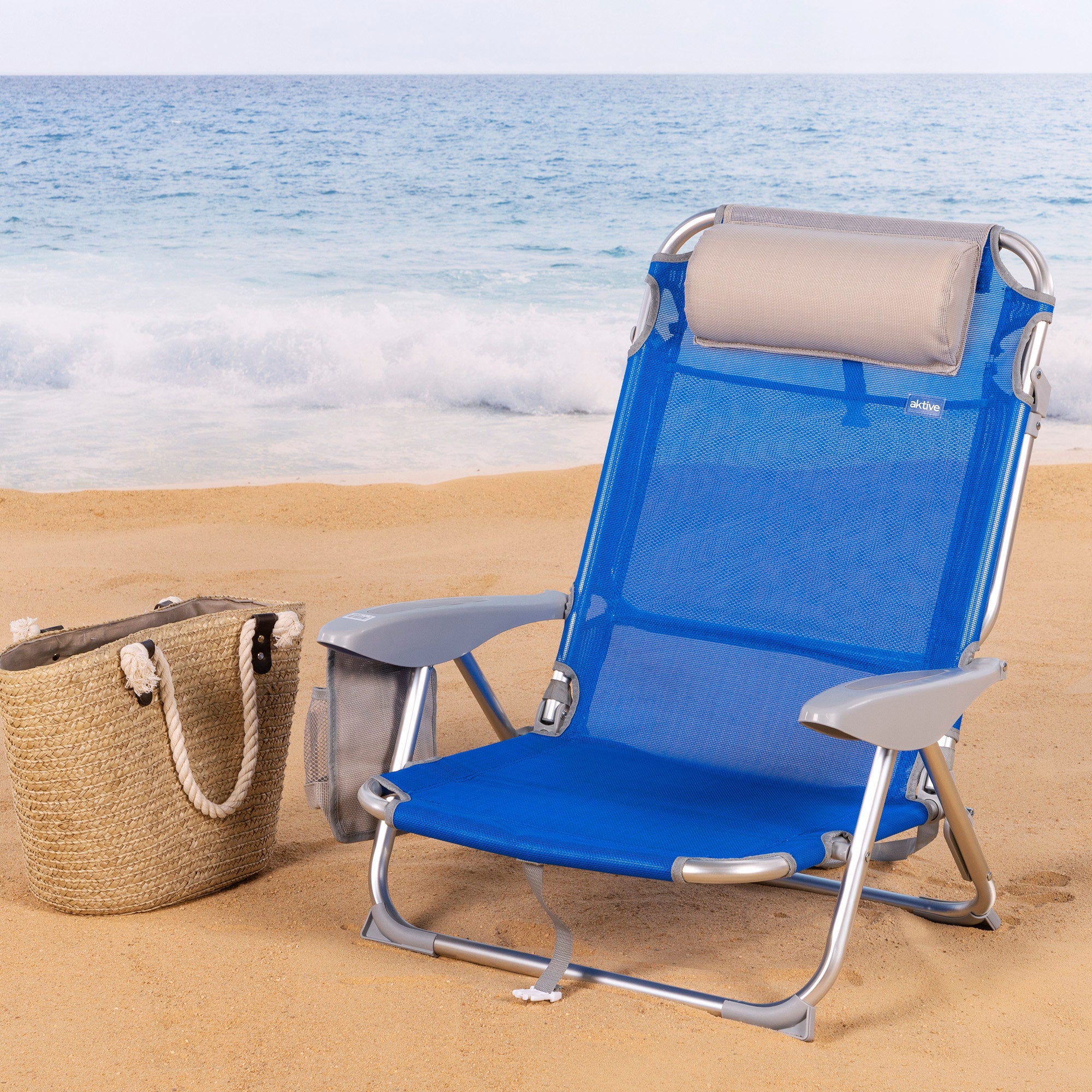 Aktive Cadeira de Praia 4 Posições com almofada e Suporte para Copos