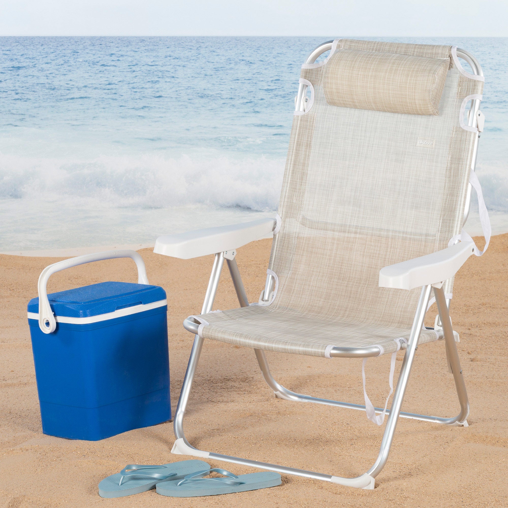 Aktive Cadeira de Praia e Espreguiçadeira 2 em 1 Dobrável Bege com Almofada