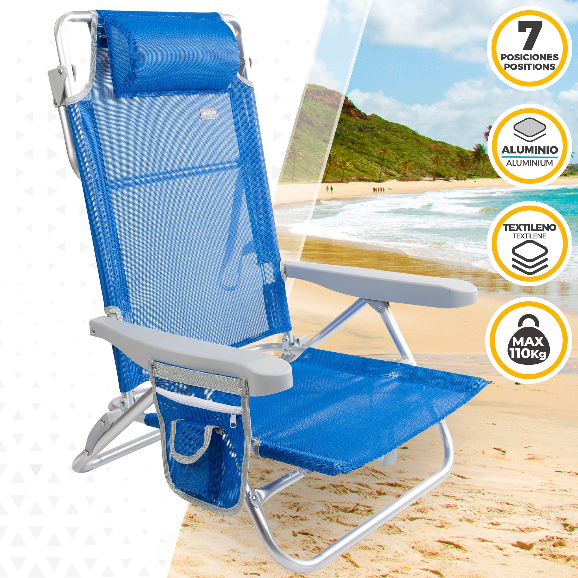 Aktive Cadeira de Praia 2-em-1 Conversível em Espreguiçadeira com almofada e Bolso Lateral Azul