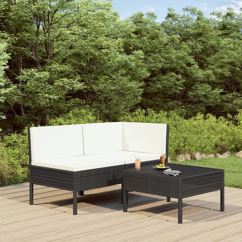 HKH 3 Pcs Conjunto Lounge para Jardim C/ Almofadões Vime Pe - Preto