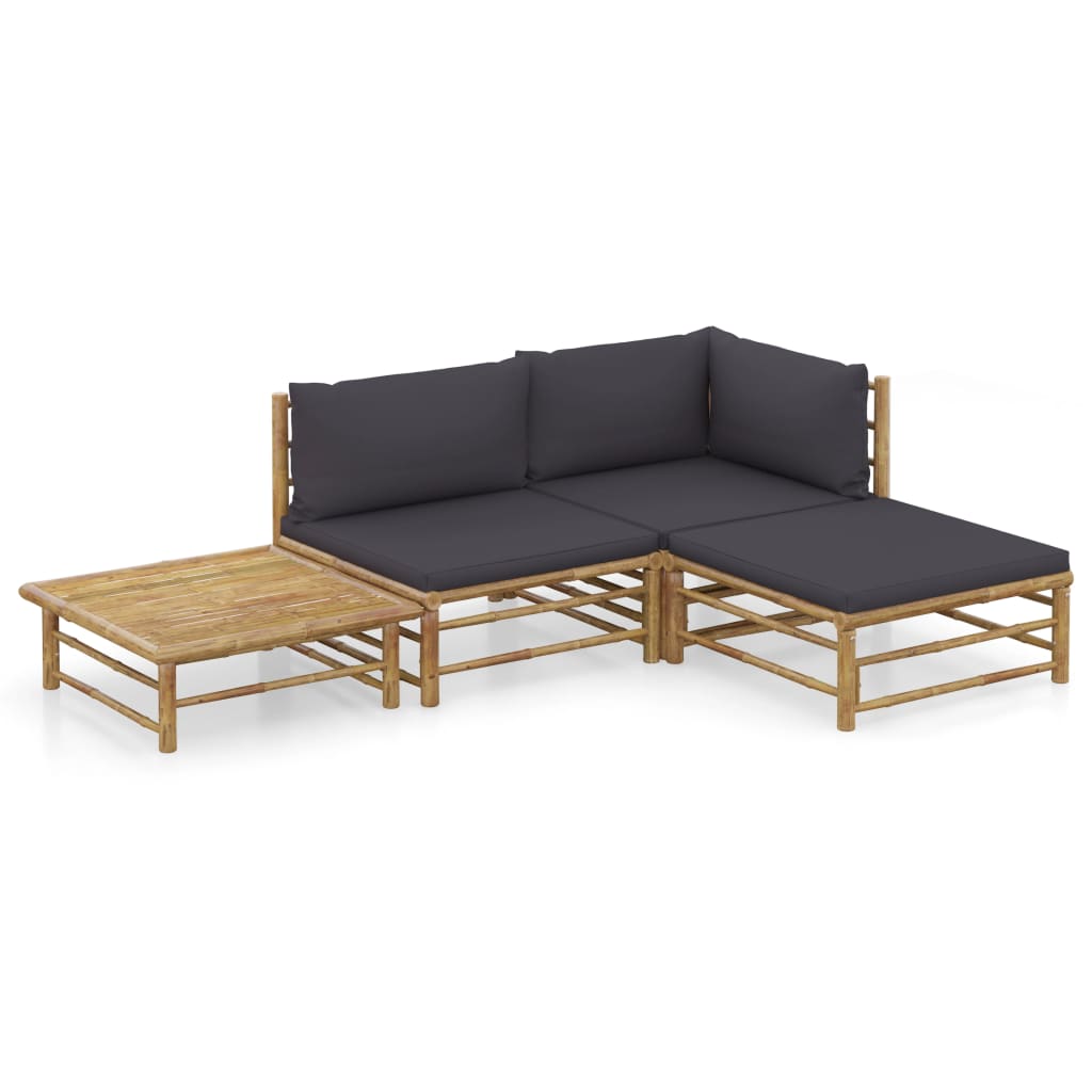 HKH 4 Pcs Conj. Lounge Jardim em Bambu C/ Almofadões Cinza-escuro - Cinzento