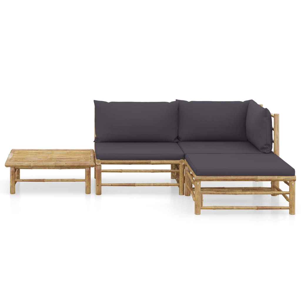 HKH 4 Pcs Conj. Lounge Jardim em Bambu C/ Almofadões Cinza-escuro - Cinzento
