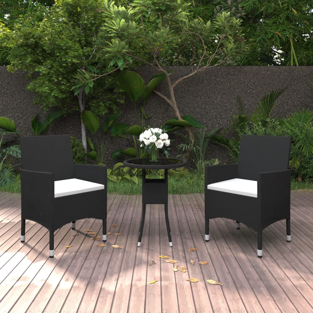 HKH 3 Pcs Conjunto de Jantar para Jardim Vime Pe - Preto
