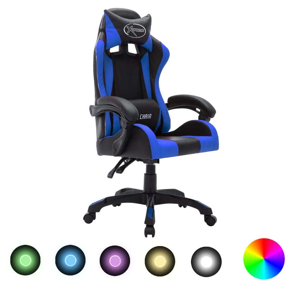 HKH Cadeira Estilo Corrida com Luzes LED RGB em Couro Artificial - Azul/Preto