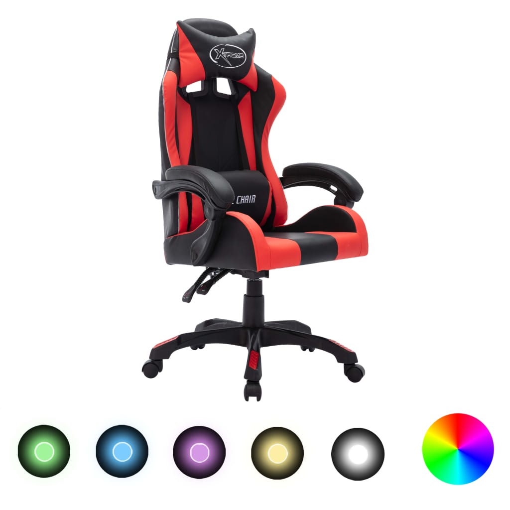 HKH Cadeira Estilo Corrida com Luzes LED RGB em Couro Artificial - Vermelho/Preto