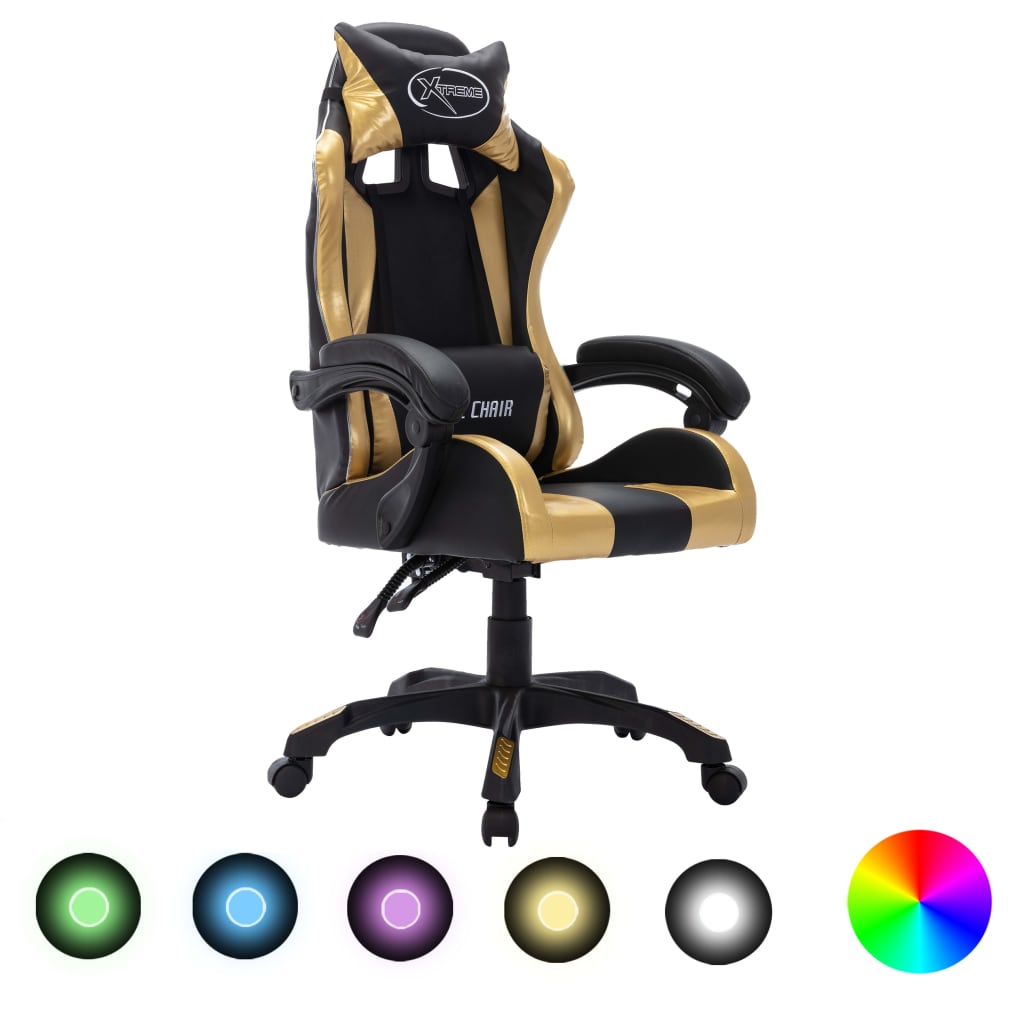 HKH Cadeira Estilo Corrida Luzes LED RGB em Couro Artificial Dourado/Preto