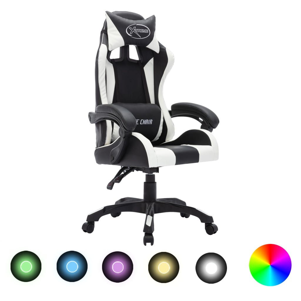 HKH Cadeira Estilo Corrida Luzes LED RGB em Couro Artificial - Branco/Preto