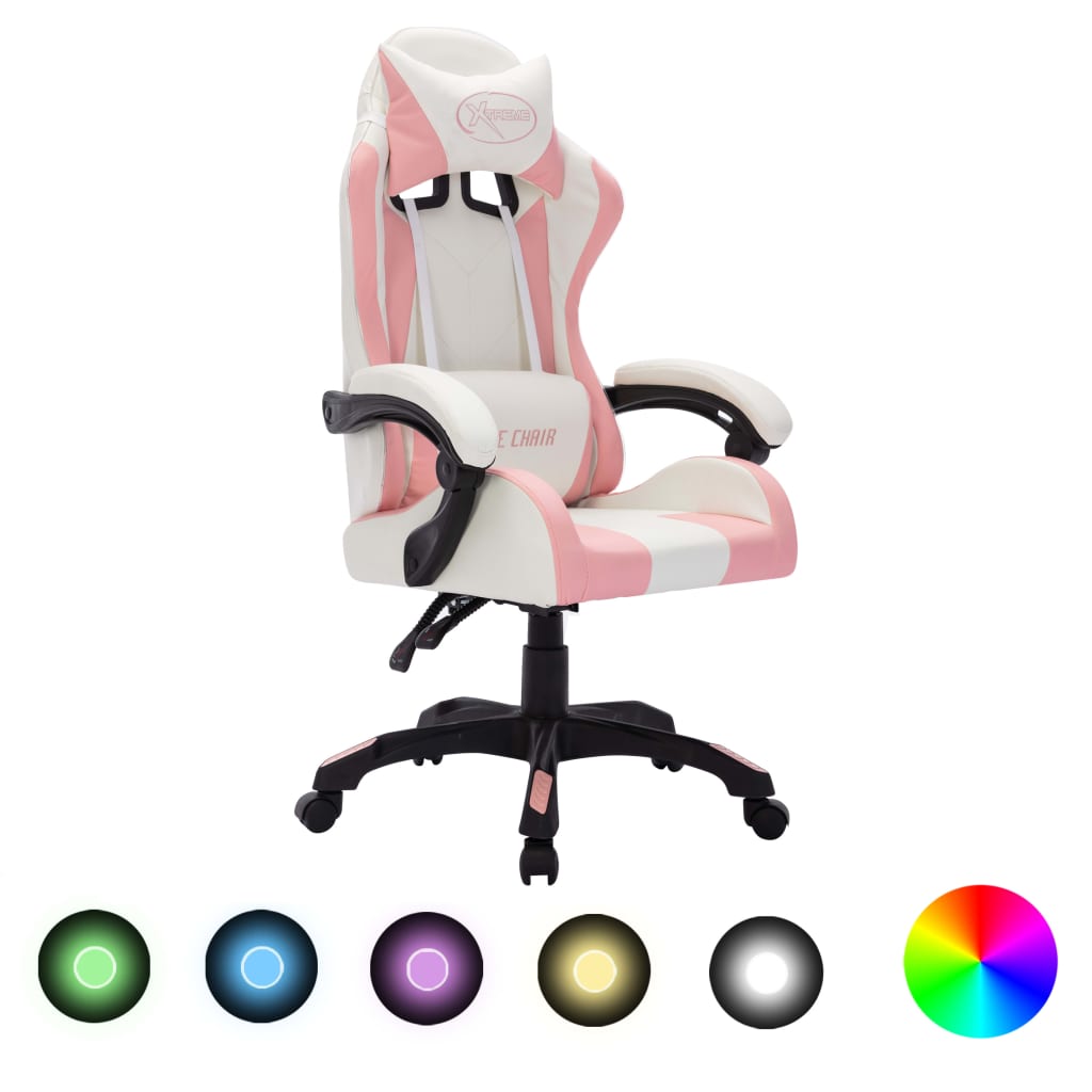 HKH Cadeira Estilo Corrida com Luzes LED RGB em Couro Artificial - Rosa/Preto