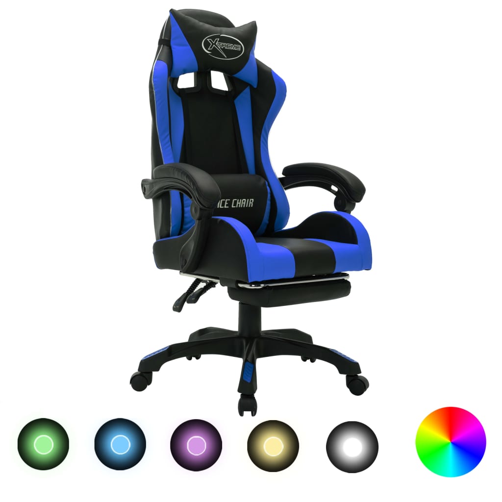 HKH Cadeira Estilo Corrida com Luzes LED RGB em Couro Artificial - Azul/Preto