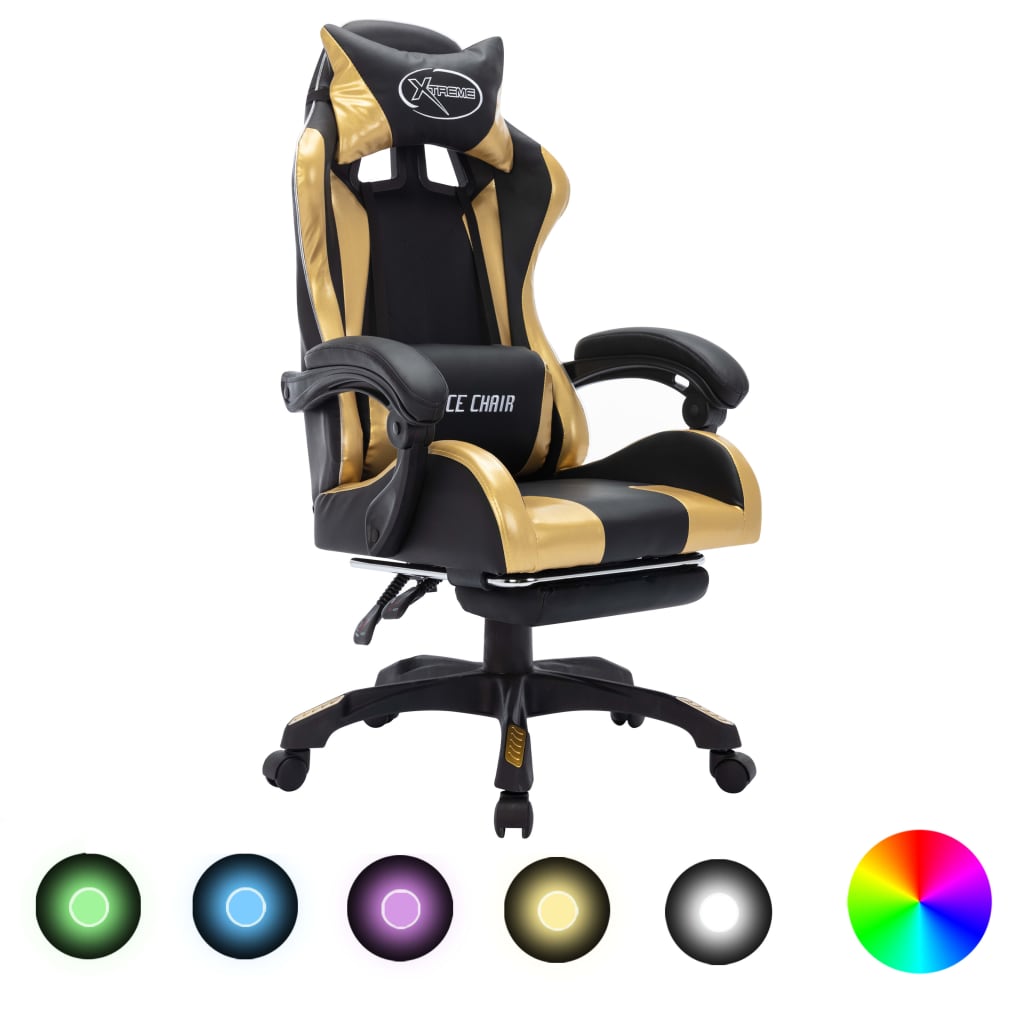 HKH Cadeira Estilo Corrida Luzes LED RGB em Couro Artificial Dourado/Preto