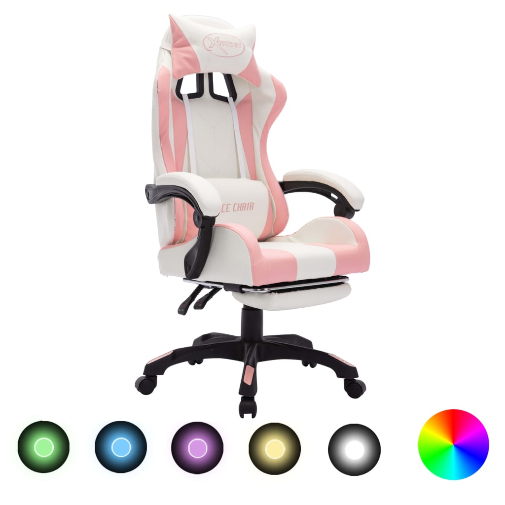 HKH Cadeira Estilo Corrida com Luzes LED RGB em Couro Artificial - Rosa/Branco