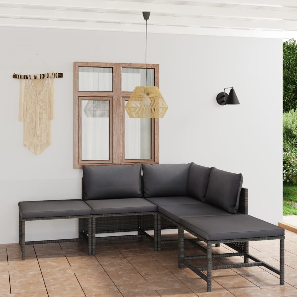 HKH 6 Pcs Conjunto Lounge de Jardim C/ Almofadões Vime Pe - Cinzento