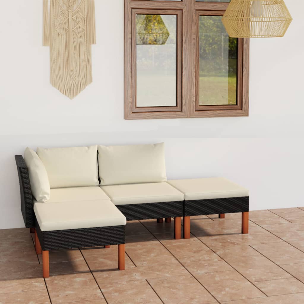 HKH 4 Pcs Conjunto Lounge de Jardim C/ Almofadões Vime Pe - Preto