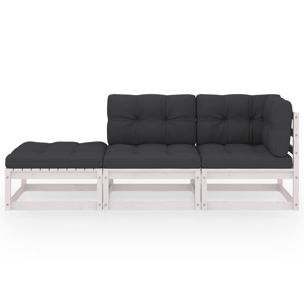 HKH 3 Pcs Conjunto Lounge de Jardim C/ Almofadões Pinho Maciço - Branco