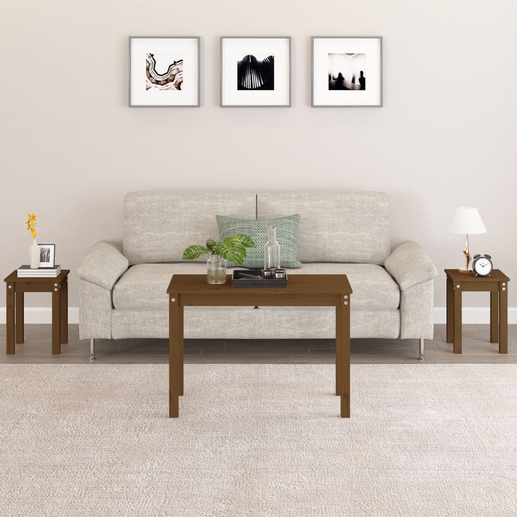 HKH Conjunto de 3 Mesas de Encastrar em Pinho Maciço - Castanho Mel