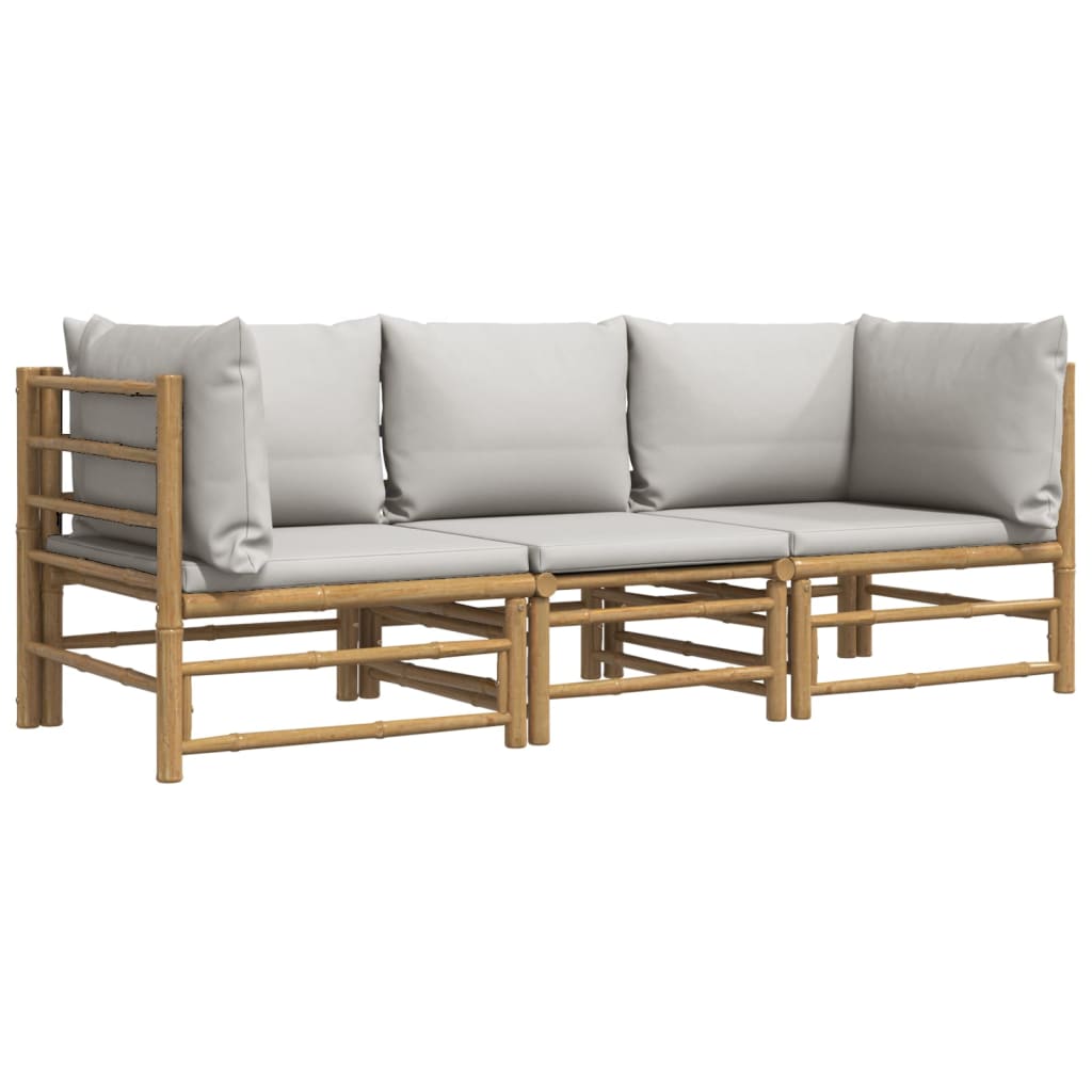 HKH 3 Pcs Conj. Lounge de Jardim Bambu C/ Almofadões Cinzento-claro - Marrom