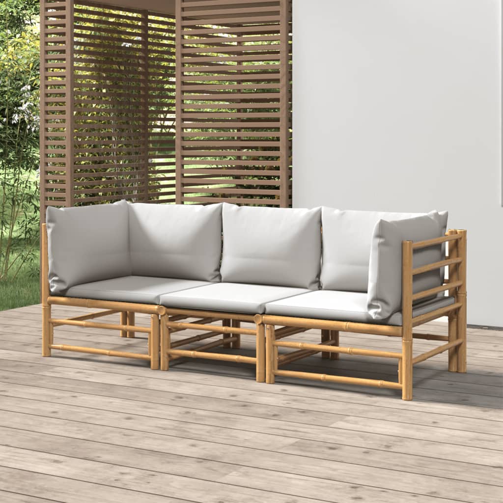 HKH 3 Pcs Conj. Lounge de Jardim Bambu C/ Almofadões Cinzento-claro - Marrom