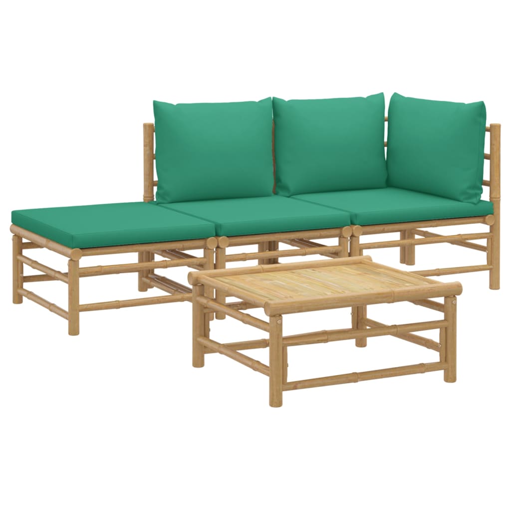 HKH 4 Pcs Conjunto Lounge de Jardim Bambu C/ Almofadões Verdes - Marrom