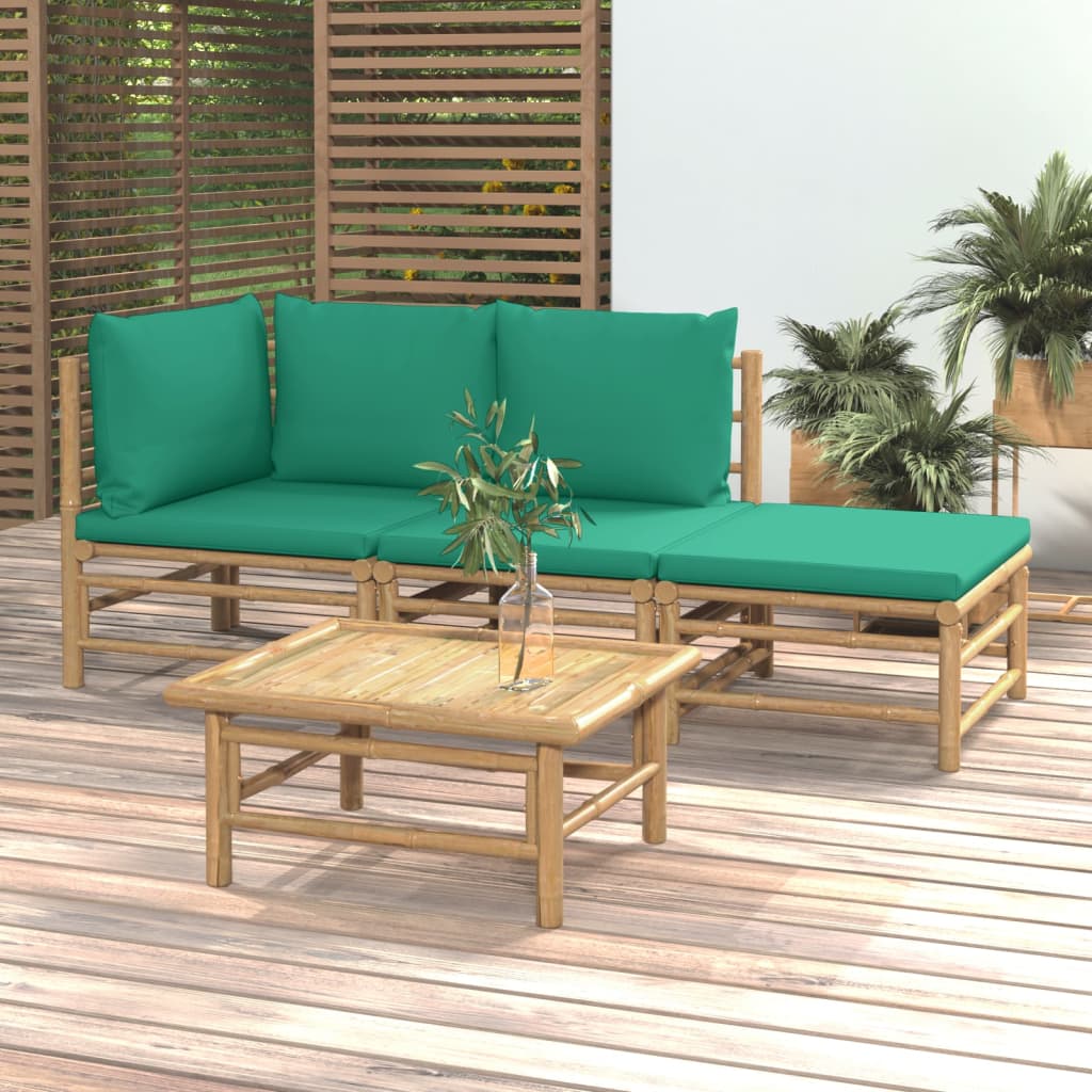 HKH 4 Pcs Conjunto Lounge de Jardim Bambu C/ Almofadões Verdes - Marrom