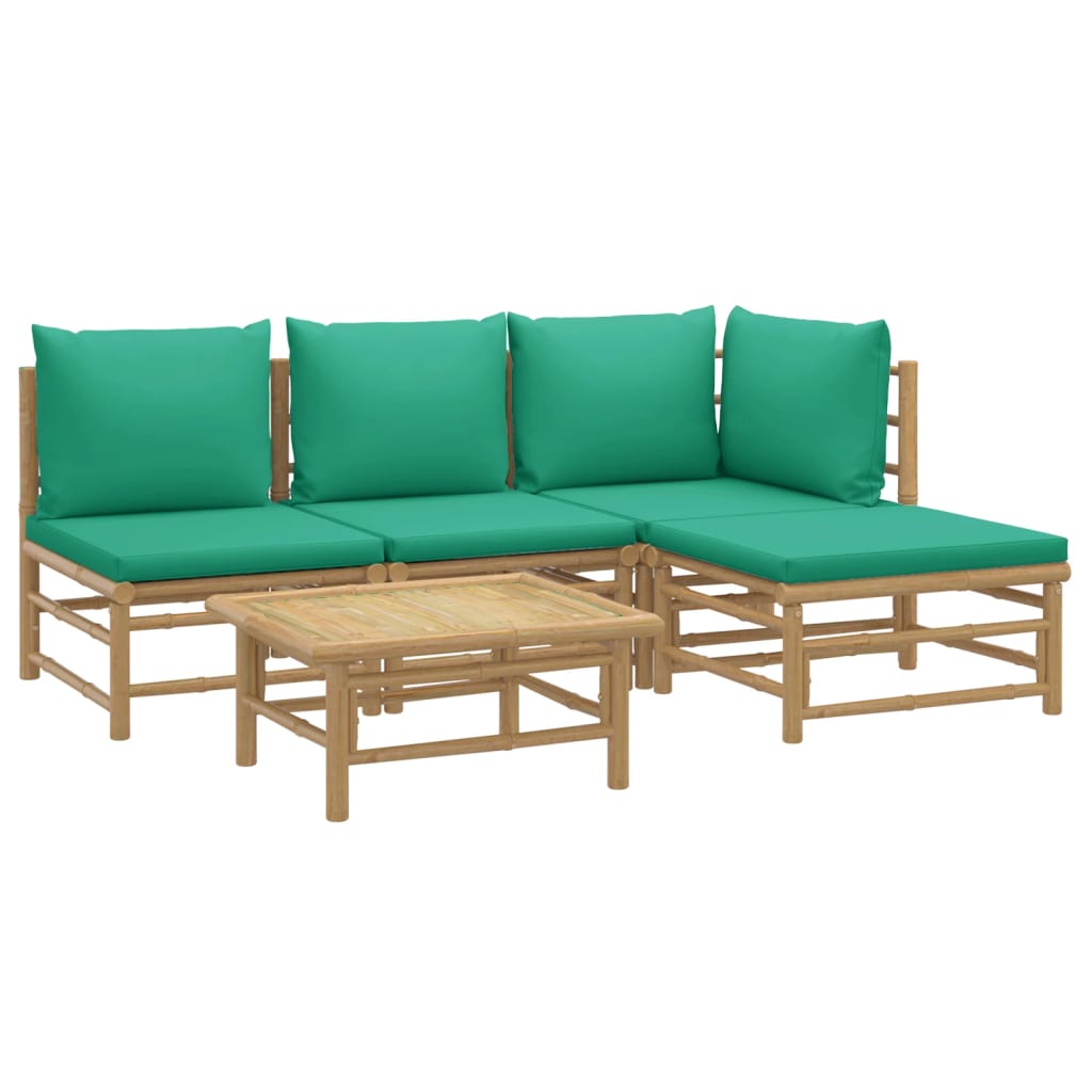 HKH 5 Pcs Conjunto Lounge de Jardim Bambu C/ Almofadões Verdes - Marrom