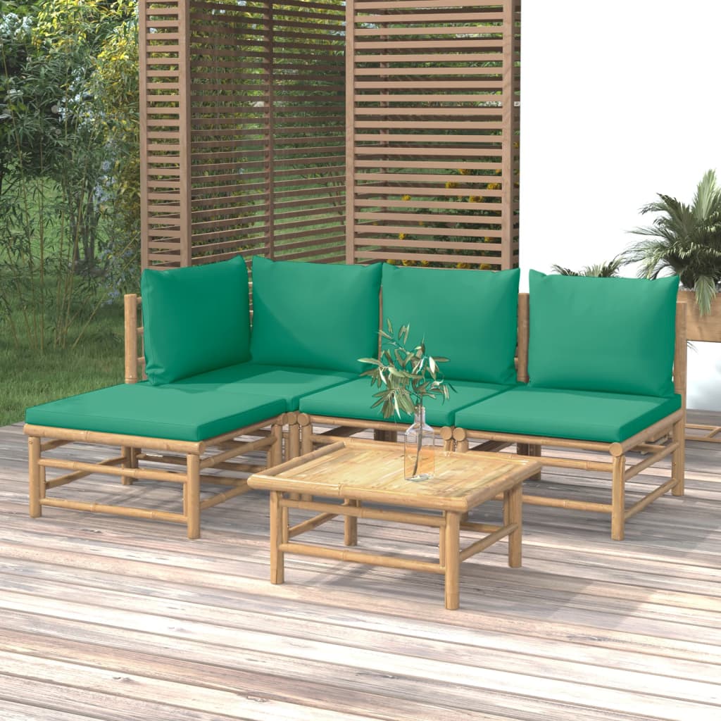 HKH 5 Pcs Conjunto Lounge de Jardim Bambu C/ Almofadões Verdes - Marrom