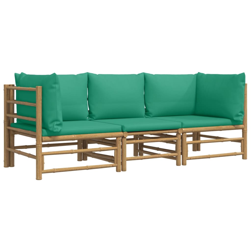 HKH 3 Pcs Conjunto Lounge de Jardim Bambu C/ Almofadões Verdes - Marrom