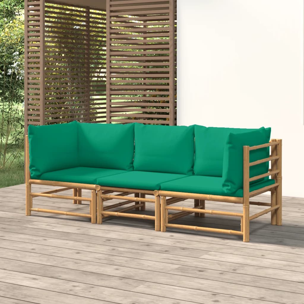 HKH 3 Pcs Conjunto Lounge de Jardim Bambu C/ Almofadões Verdes - Marrom