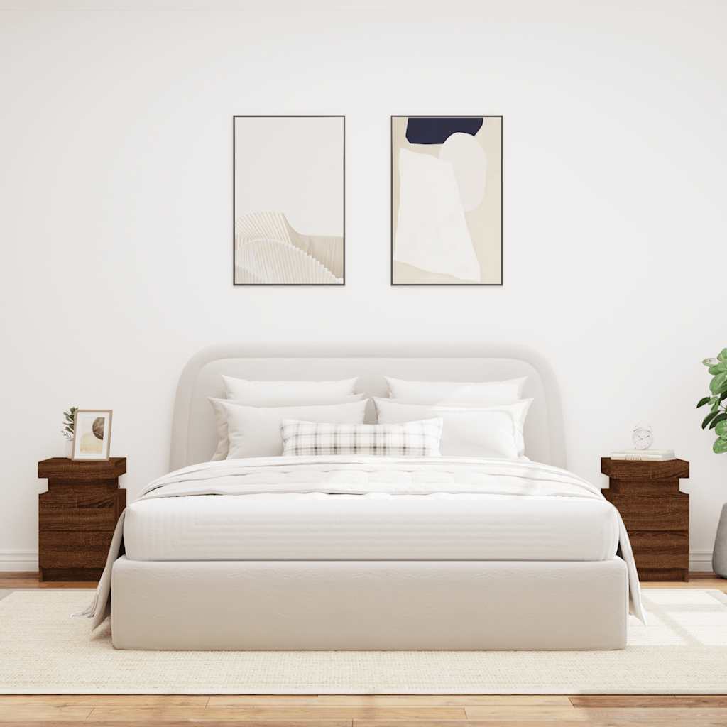 HKH Conjunto de 2 Mesas de Cabeceira com Luzes Led Castanho em Carvalho