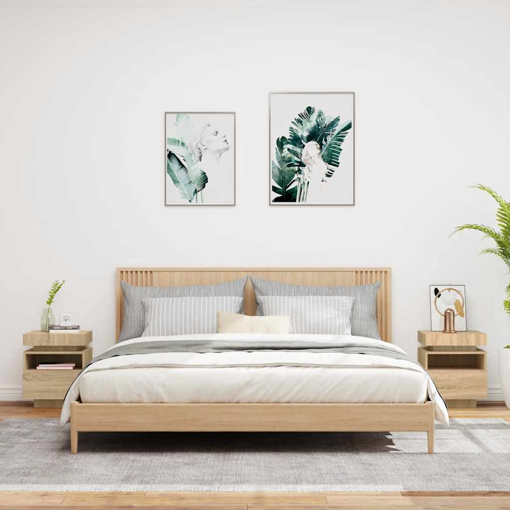 HKH Conjunto de 2 Mesas de Cabeceira com Luzes Led Sonoma em Carvalho