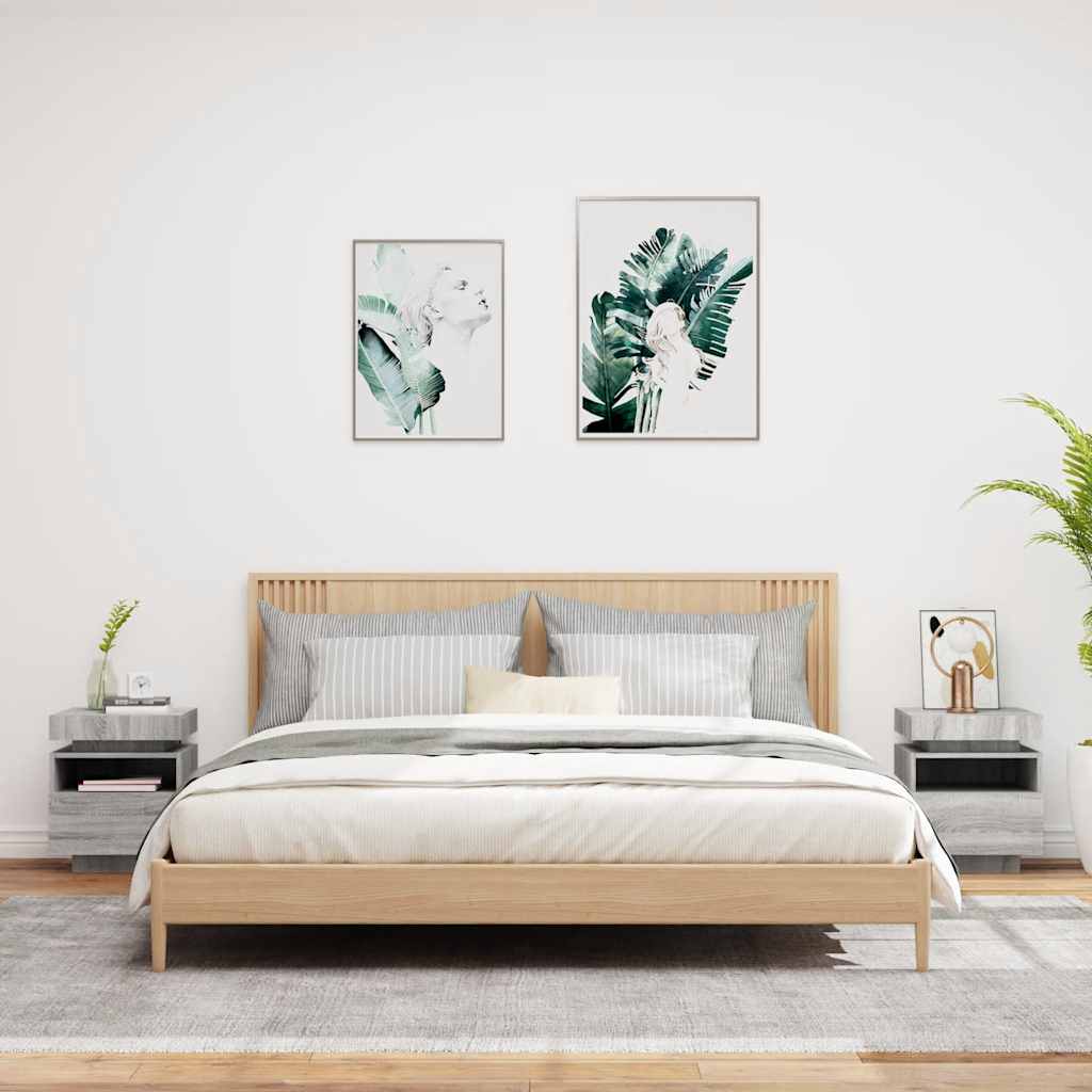 HKH Conjunto de 2 Mesas de Cabeceira com Luzes Led Cinza Sonoma