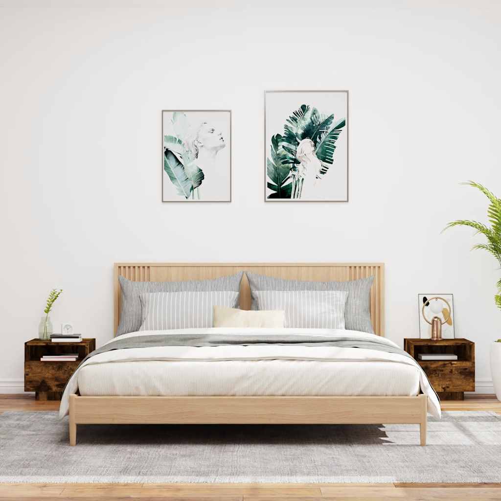 HKH Conjunto de 2 Mesas de Cabeceira com Luzes Led Fumado em Carvalho