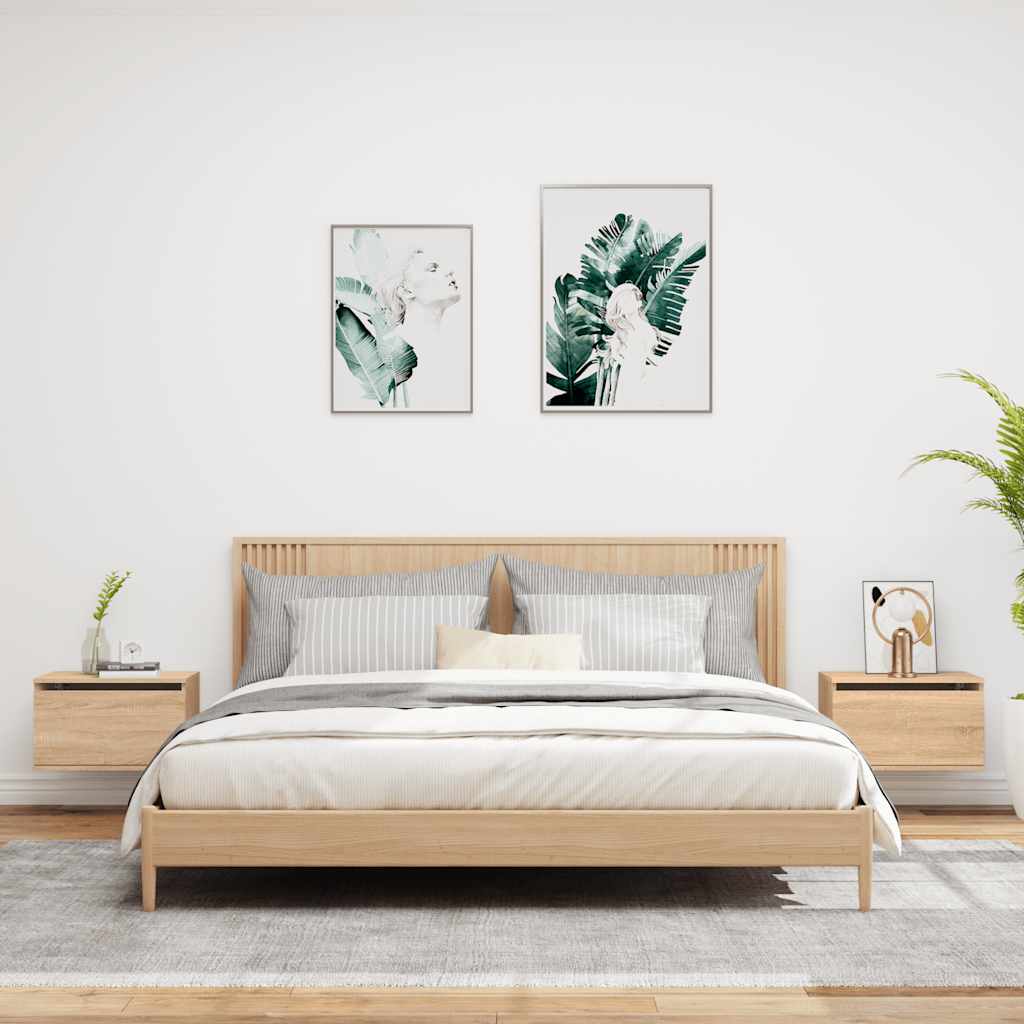 HKH Conjunto de 2 Mesas de Cabeceira de Parede com Luzes Led Sonoma em Carvalho