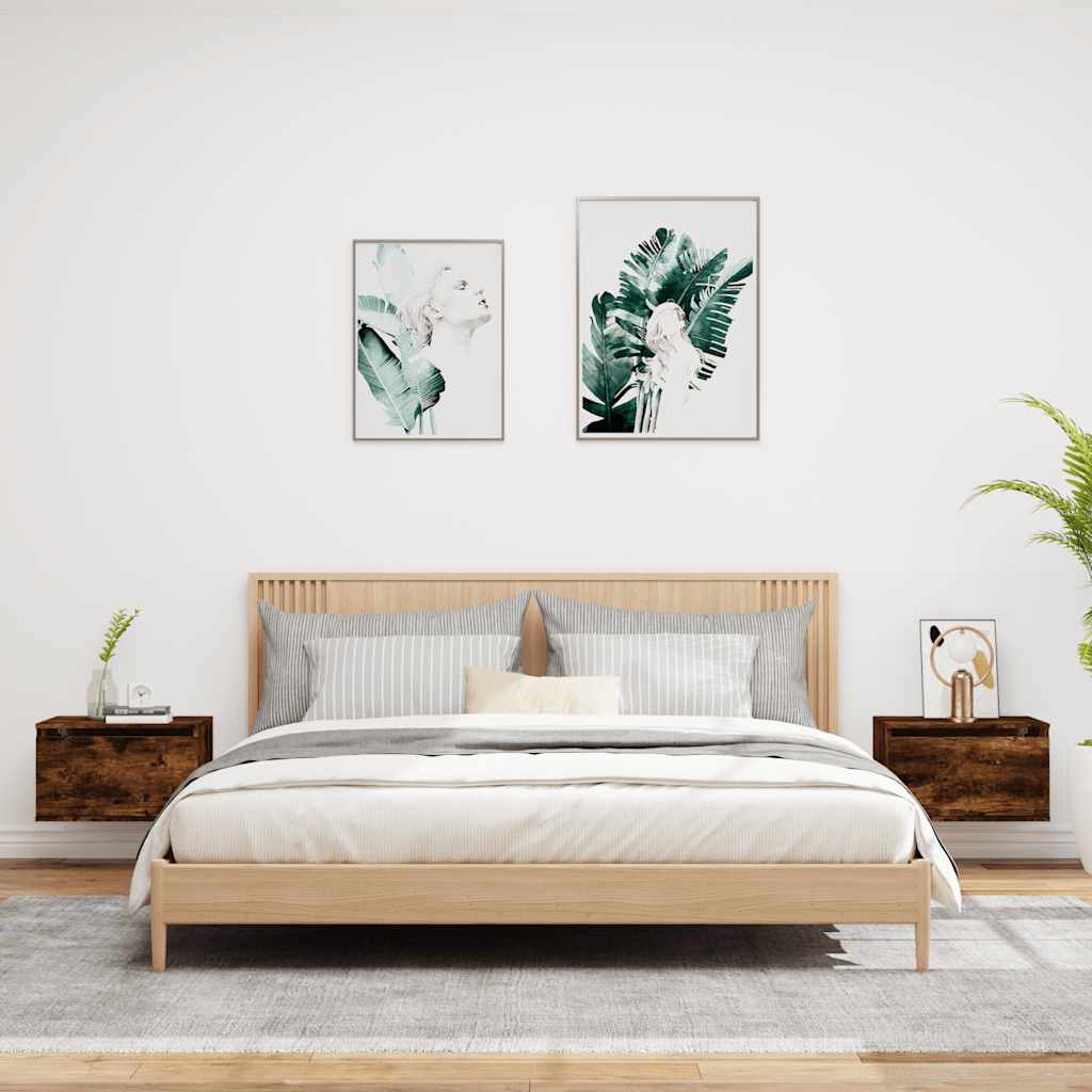 HKH Conjunto de 2 Mesas de Cabeceira de Parede com Luzes Led Fumado em Carvalho